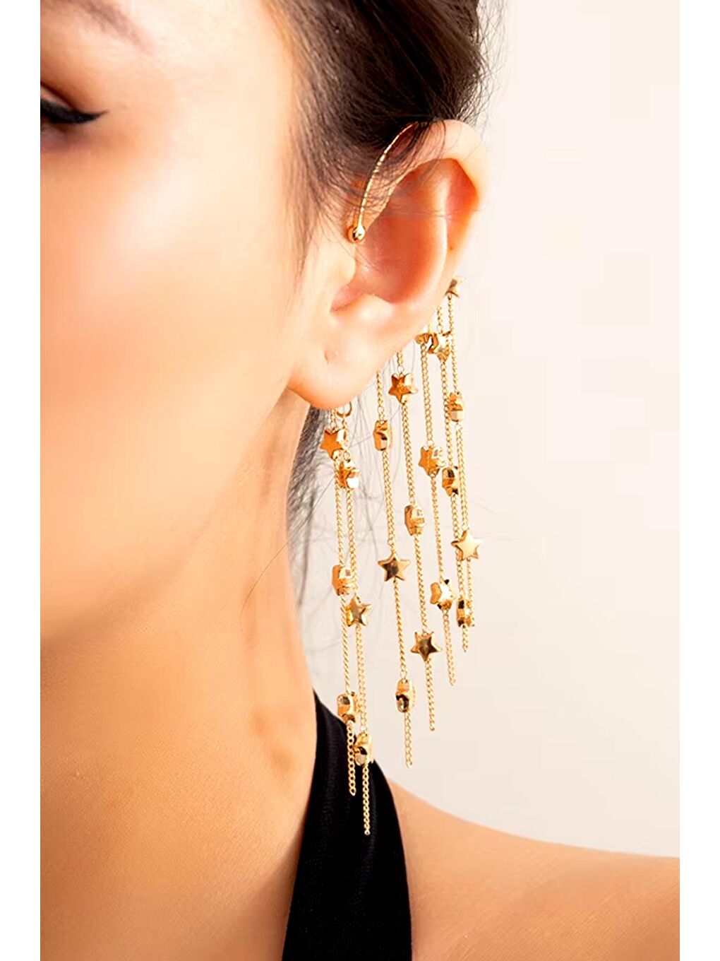 New Obsessions Sarı Yıldız Şelalesi Kulak Deliği Gerektirmeyen Ear Cuff- Kıkırdak Küpesi