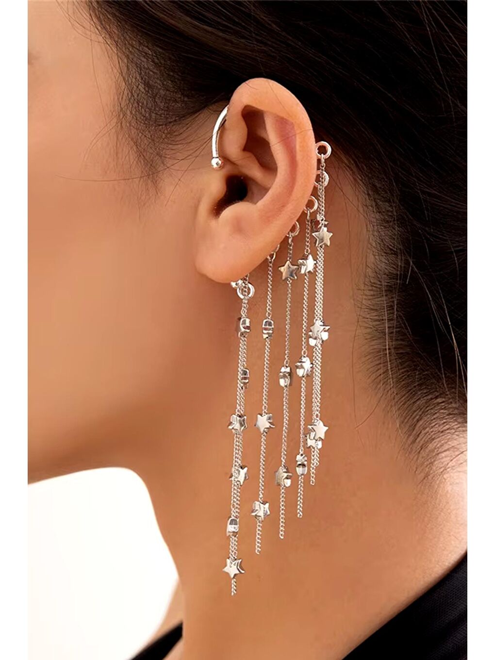 New Obsessions Gri Yıldız Şelalesi Kulak Deliği Gerektirmeyen Ear Cuff- Kıkırdak Küpesi