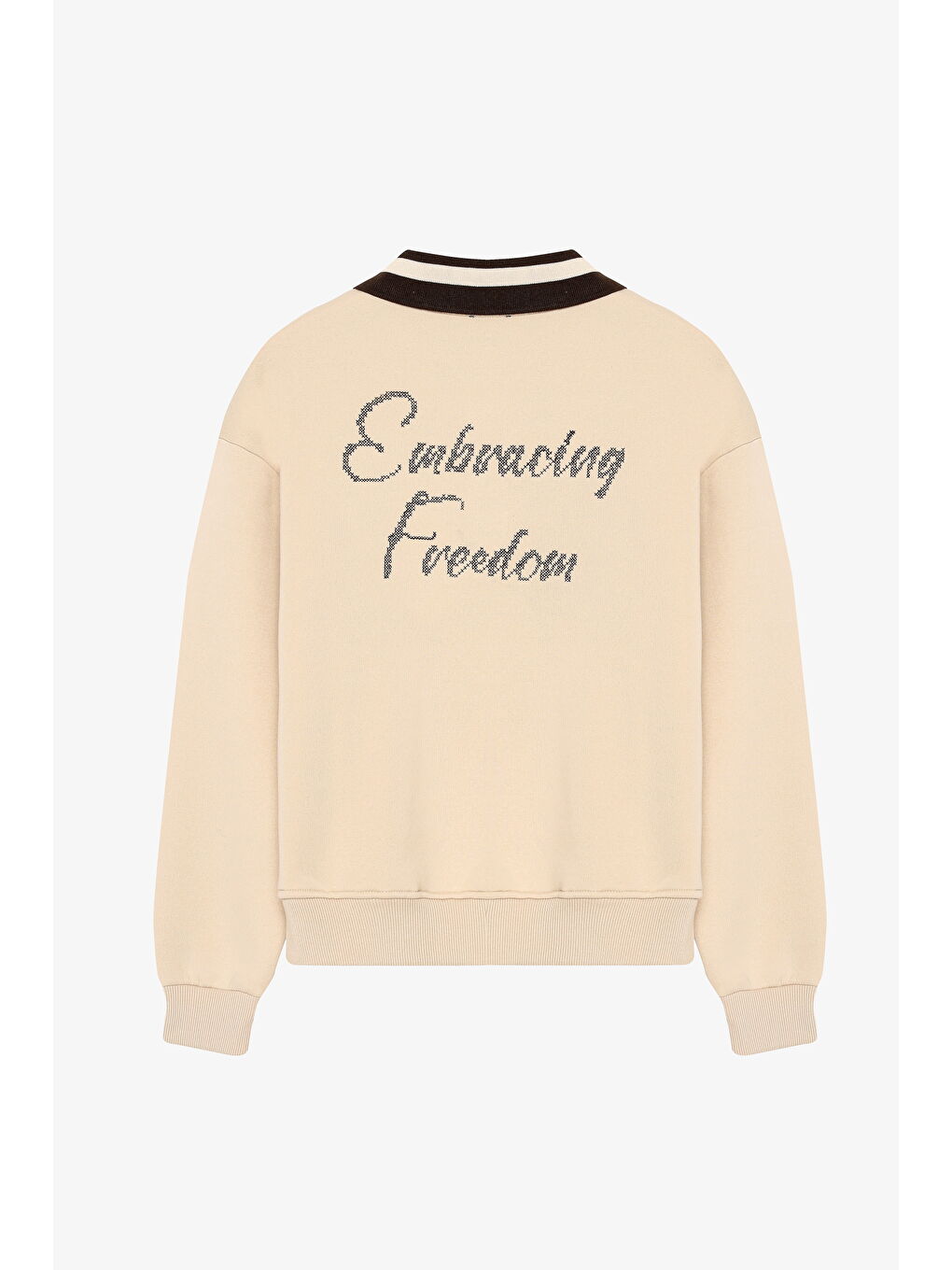 Yazı Nakışlı Şeritli Polo Yaka Oversize Sweatshirt Bej-1