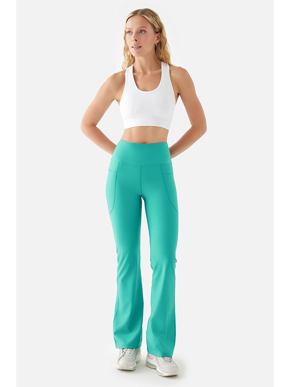 Carmen Flare Yüksek Bel Cepli Turkuaz Yoga Pantolonu-3