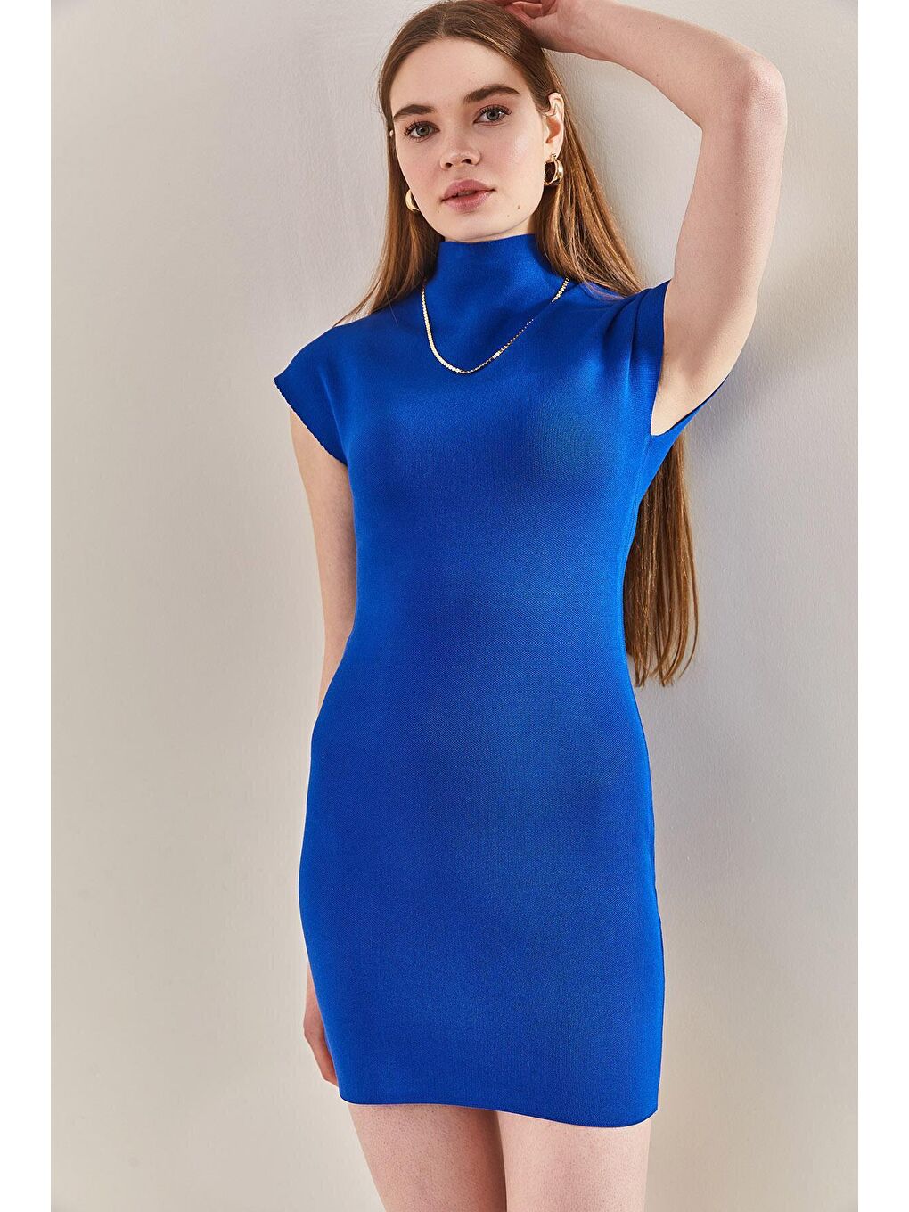 Yarım Balıkçı Yaka Triko Elbise - Mavi-3