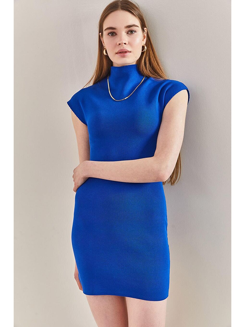 Yarım Balıkçı Yaka Triko Elbise - Mavi-4