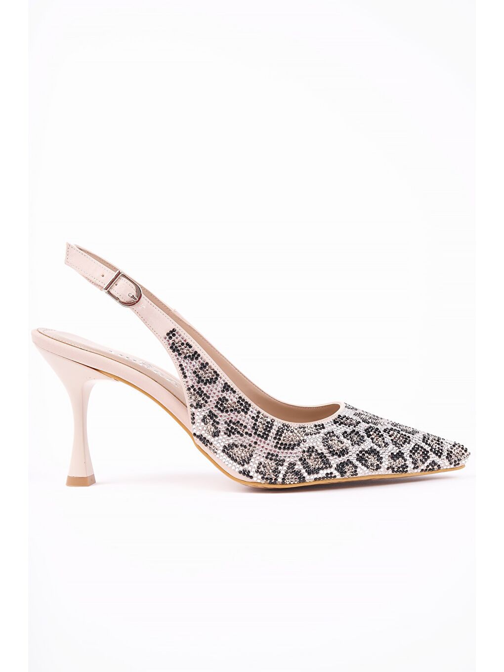 Gri MİDNİGHT Kadın Sivri Burun Leopar Detaylı Arkası Açık Günlük Klasik Topuklu Abiye Ayakkabı