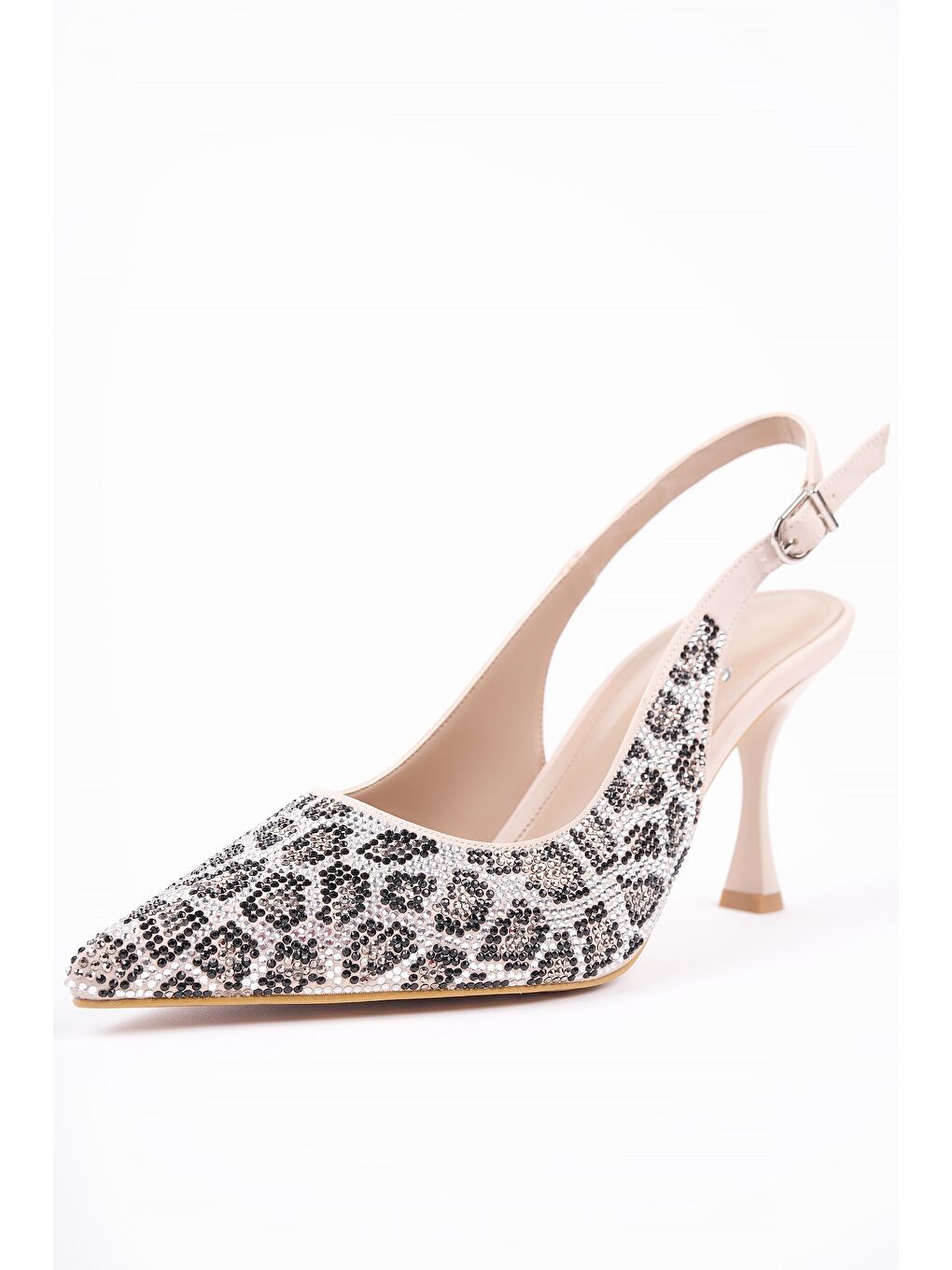 Gri MİDNİGHT Kadın Sivri Burun Leopar Detaylı Arkası Açık Günlük Klasik Topuklu Abiye Ayakkabı-1