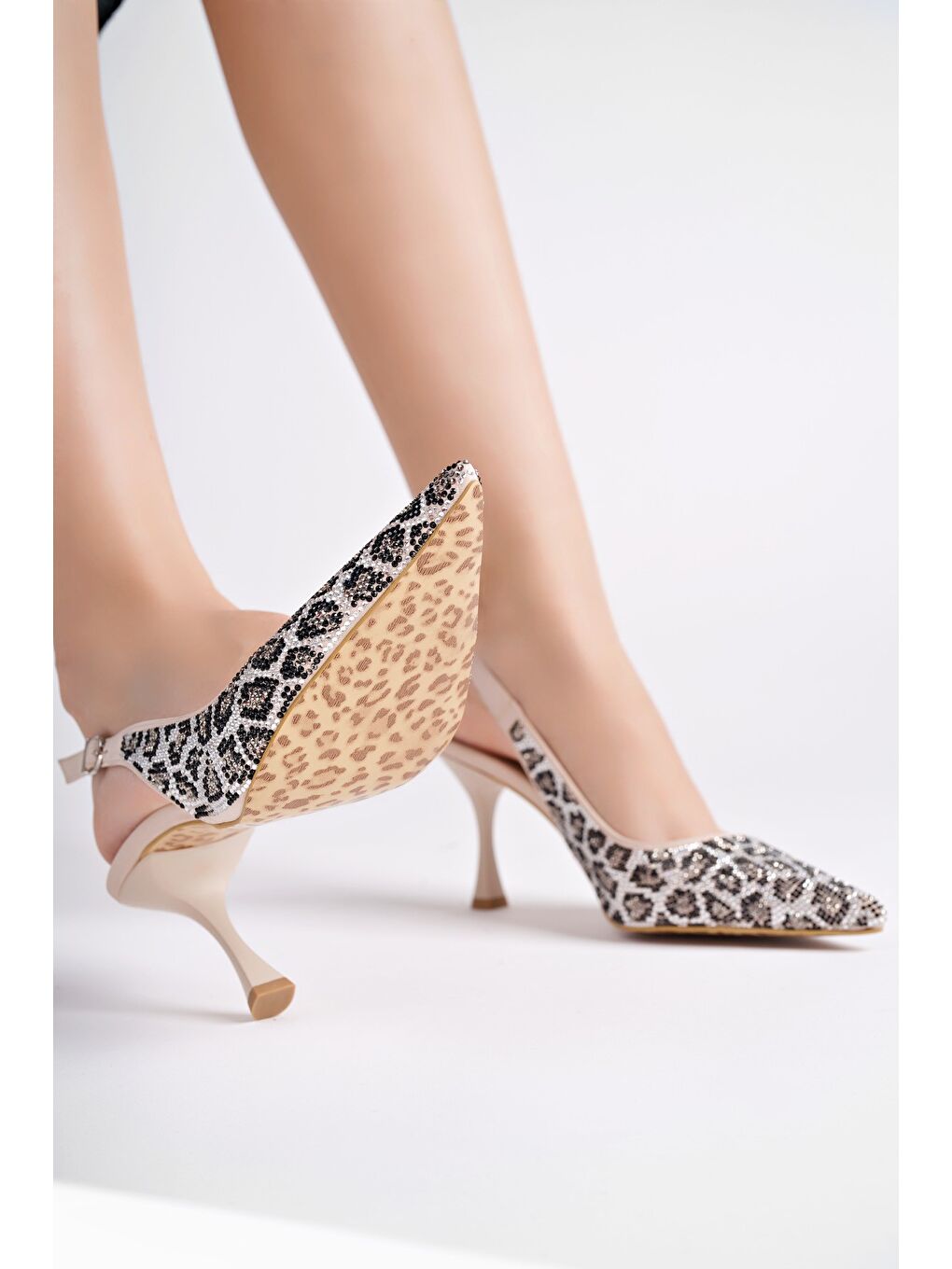 Gri MİDNİGHT Kadın Sivri Burun Leopar Detaylı Arkası Açık Günlük Klasik Topuklu Abiye Ayakkabı-7