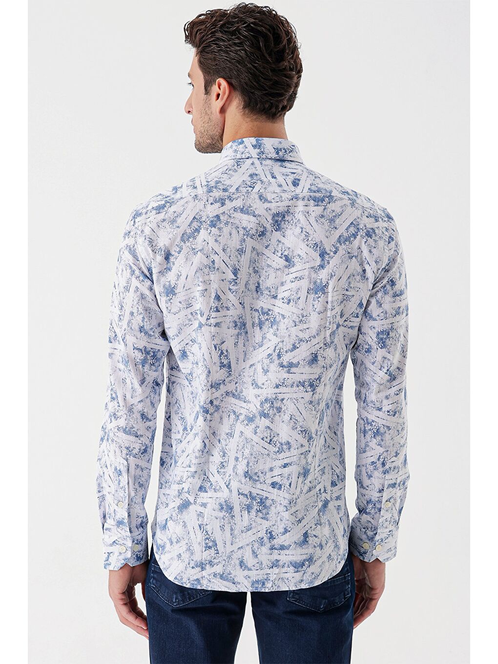 Beyaz Uzun Kollu Baskılı Bez Ayağı Cepsiz Garnili Klasik Slim Fit Dar Kesim Gömlek 1004230229-5