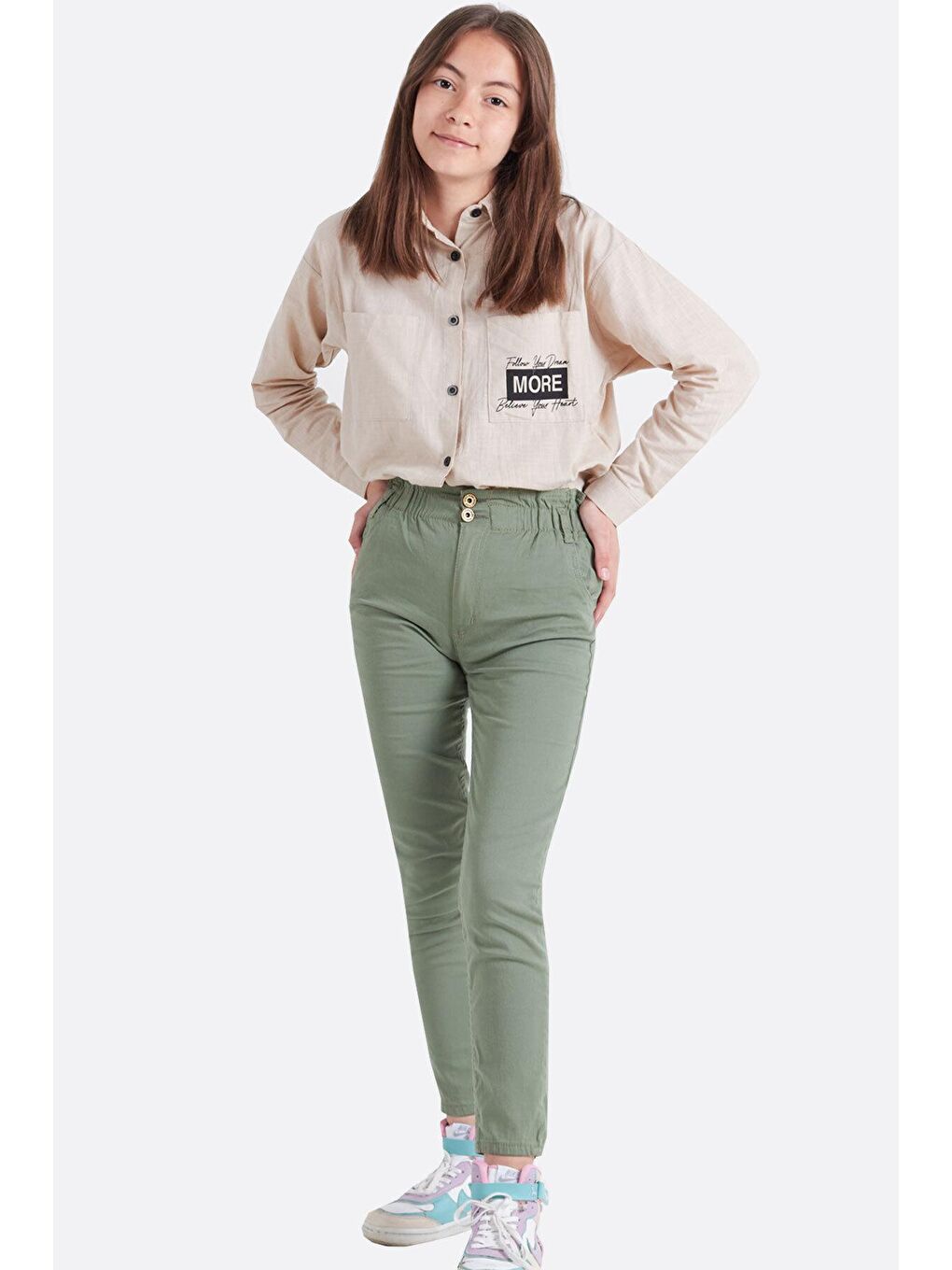 Yeşil Kız Çocuk Beli Lastikli Keten Pantolon 8-16 Yaş 13805