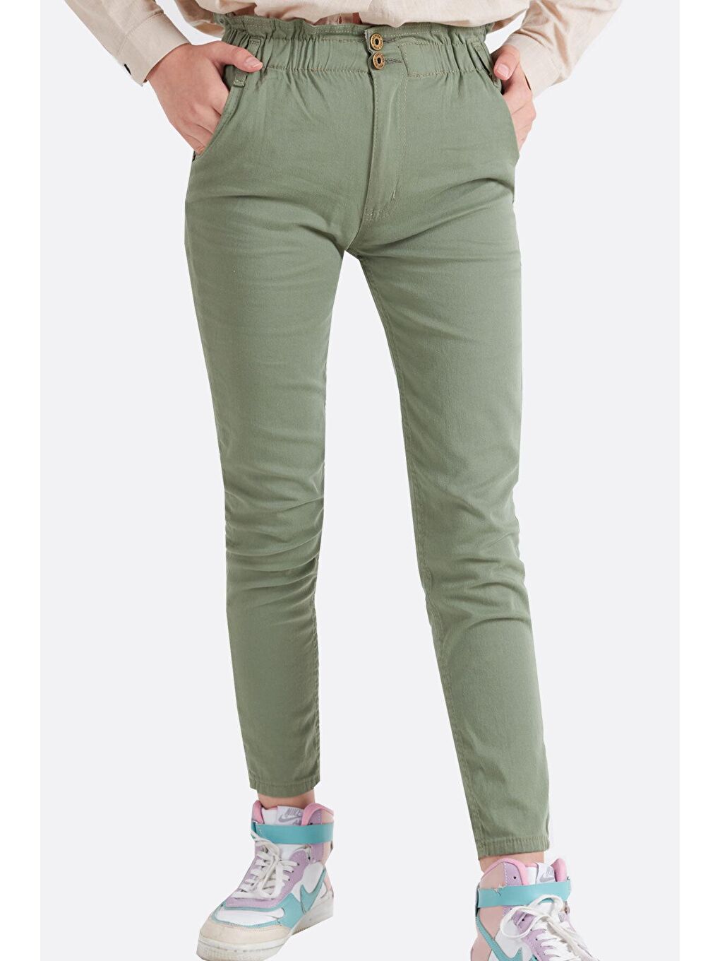 Yeşil Kız Çocuk Beli Lastikli Keten Pantolon 8-16 Yaş 13805-1