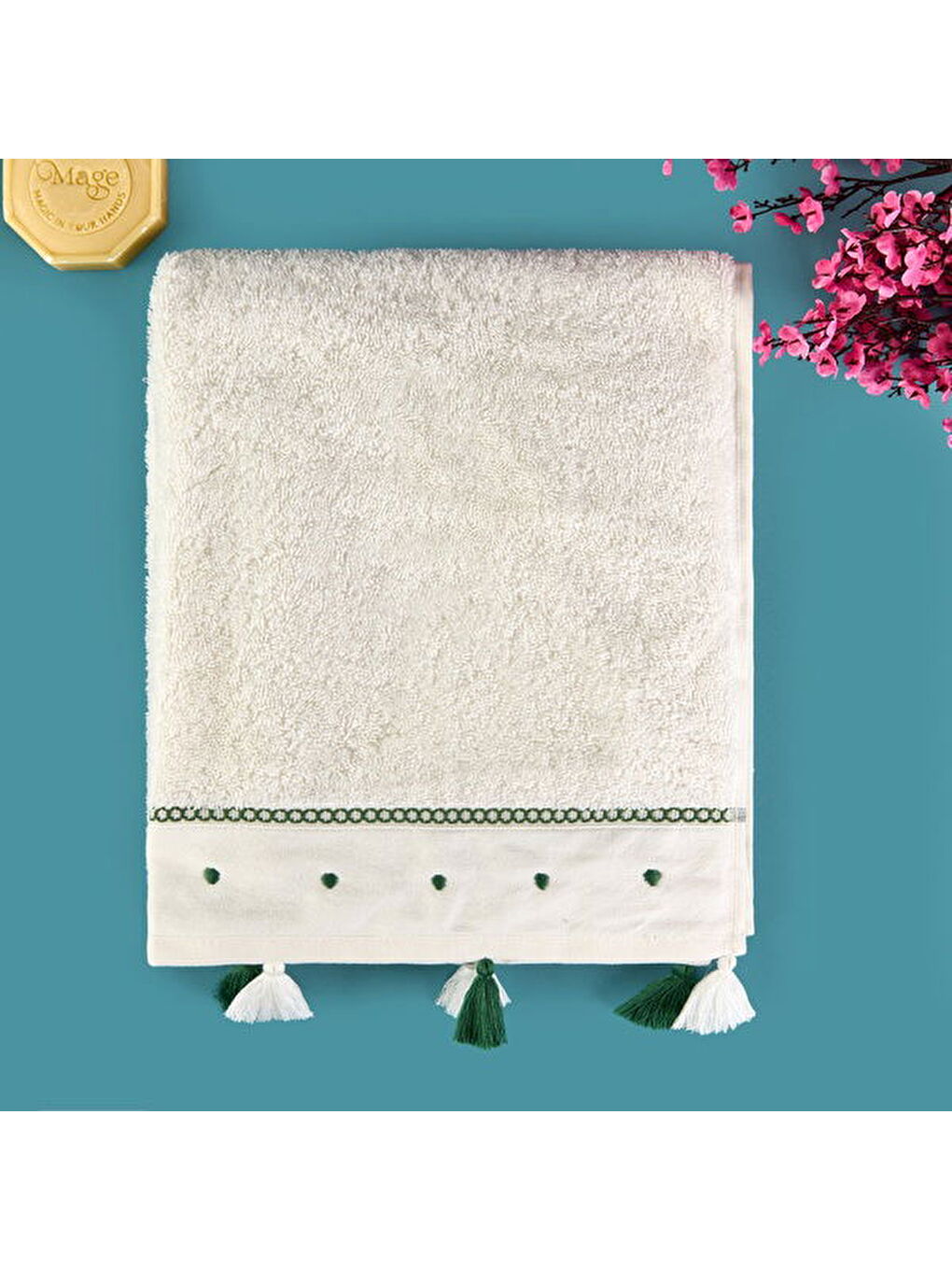 Lila Soft Piene Yüz Havlusu - Ekru / Yeşil - 50x90 cm