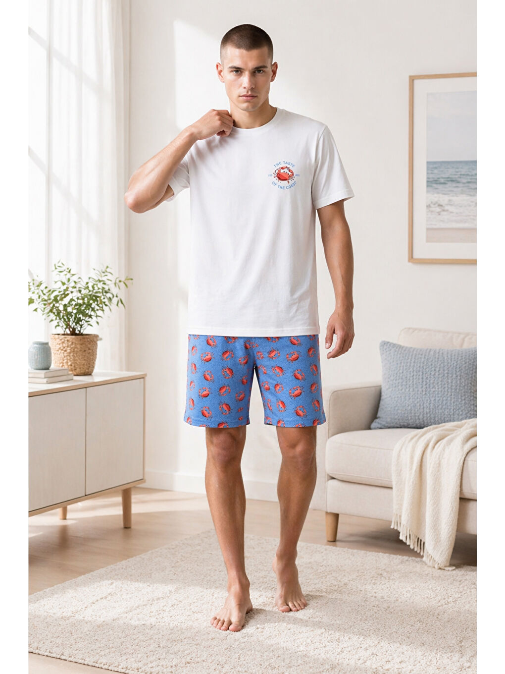 Ekru Erkek Pamuklu Mavi Yengeç Desenli Cepli Şortlu Pijama Takımı-1