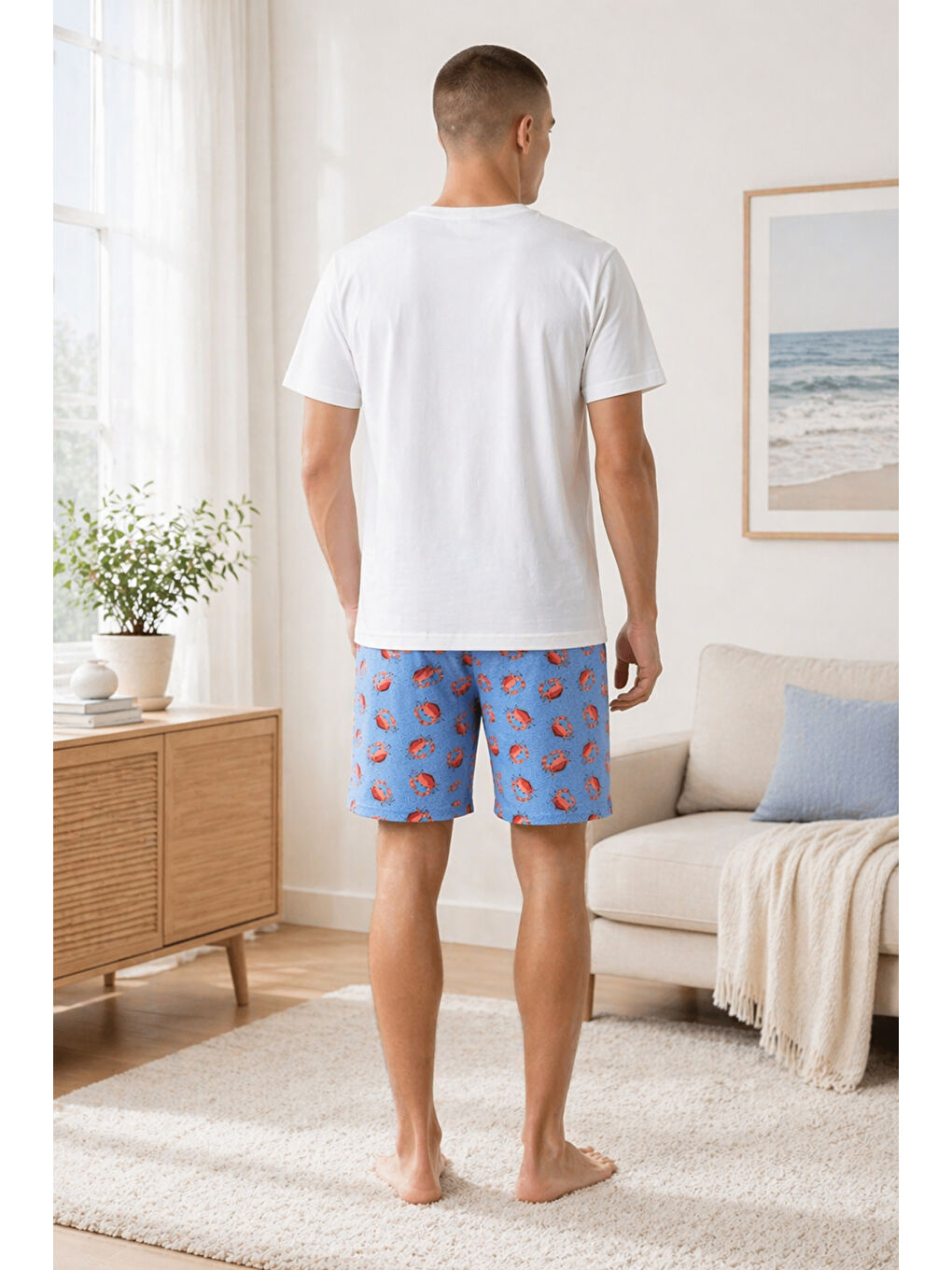 Ekru Erkek Pamuklu Mavi Yengeç Desenli Cepli Şortlu Pijama Takımı-2