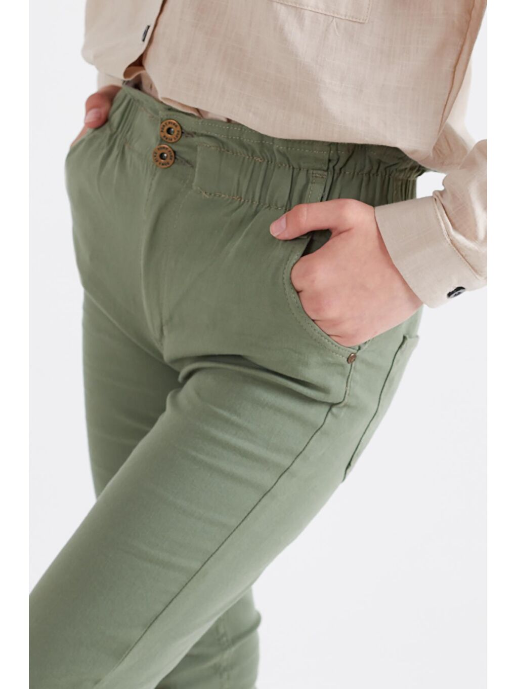 Yeşil Kız Çocuk Beli Lastikli Keten Pantolon 8-16 Yaş 13805-2