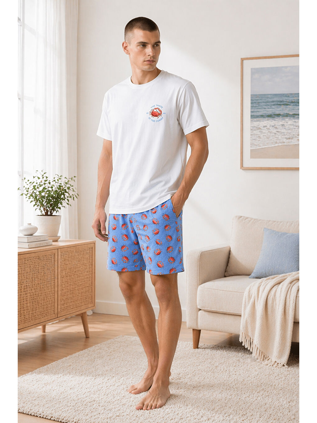Ekru Erkek Pamuklu Mavi Yengeç Desenli Cepli Şortlu Pijama Takımı-3