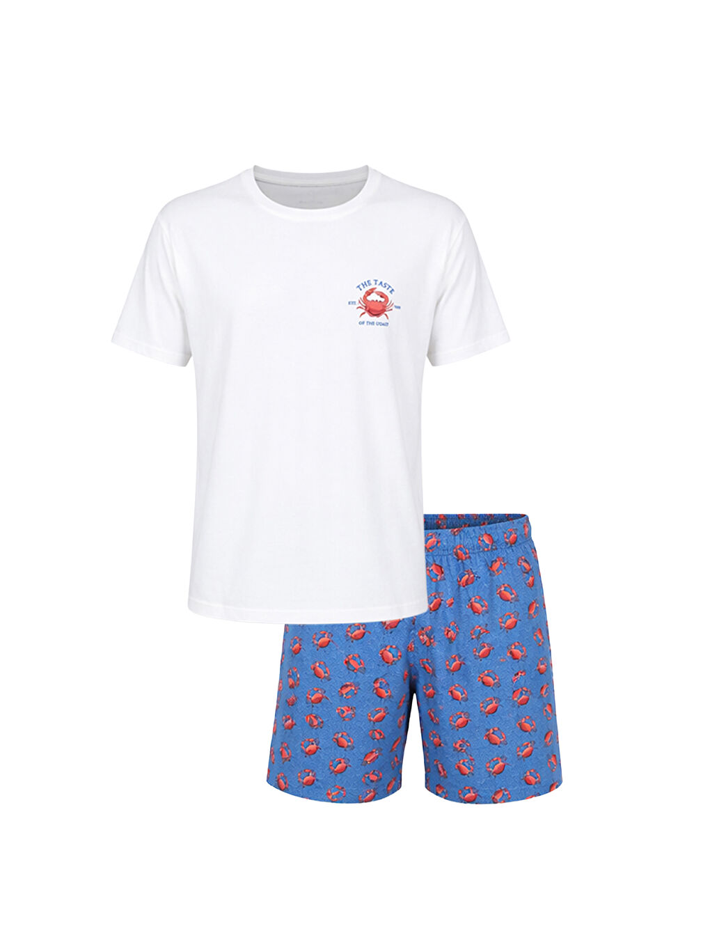 Ekru Erkek Pamuklu Mavi Yengeç Desenli Cepli Şortlu Pijama Takımı-4