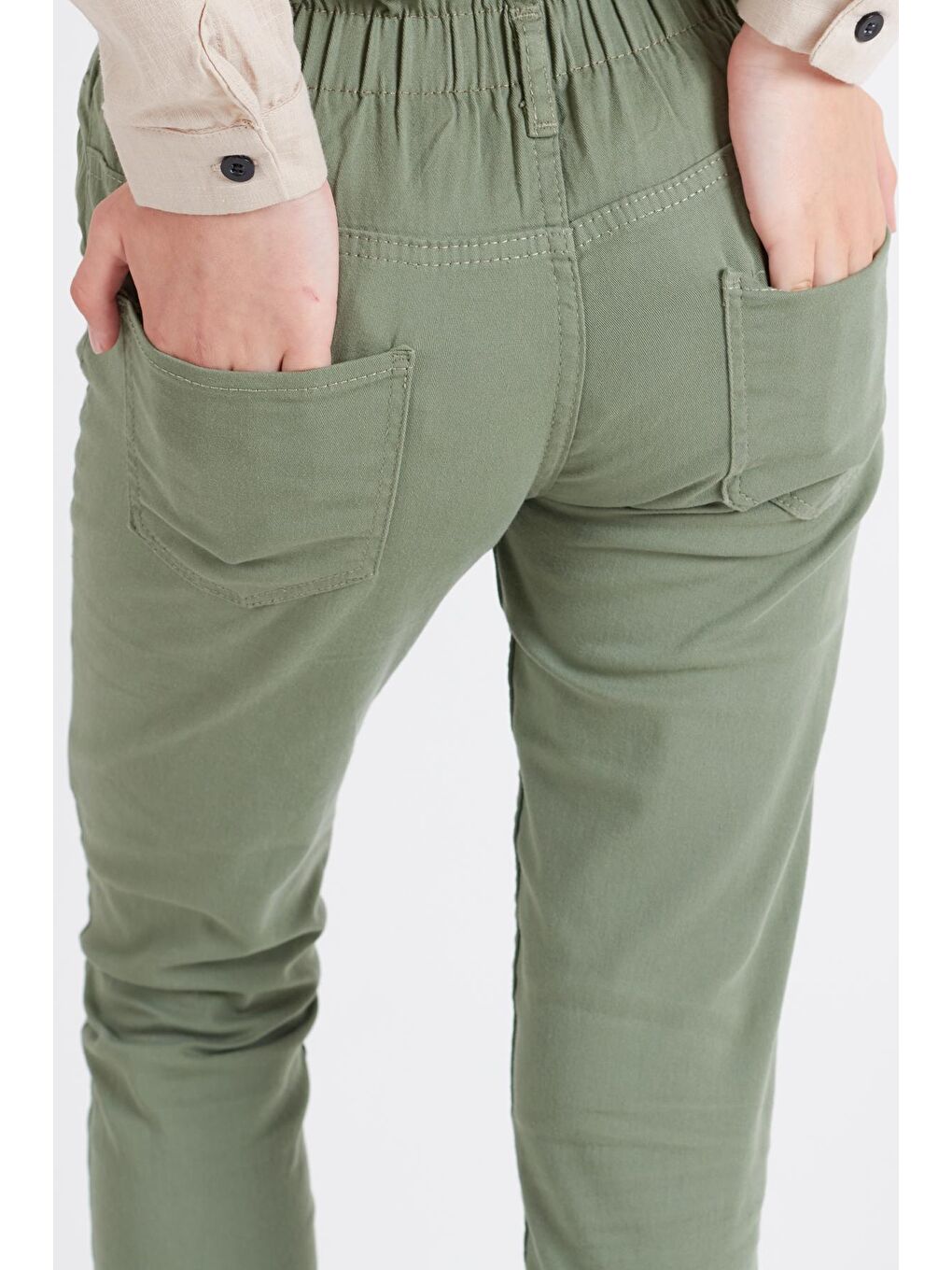 Yeşil Kız Çocuk Beli Lastikli Keten Pantolon 8-16 Yaş 13805-3