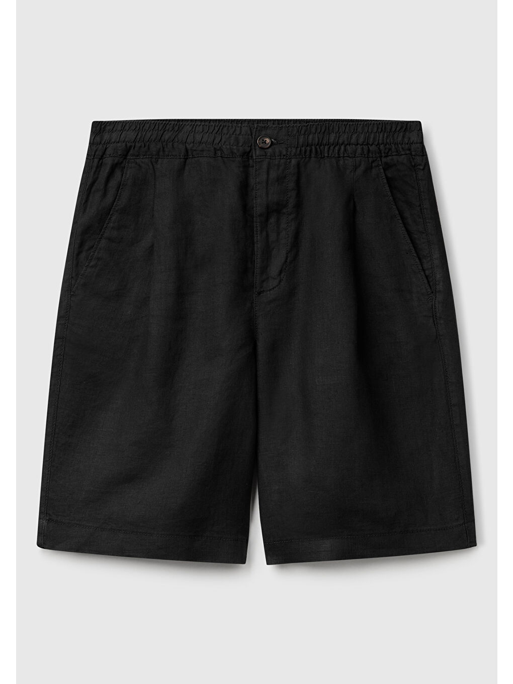 Erkek Siyah %100 Keten Büzgü İpli Düğmeli Pile Detaylı Bermuda Şort-1