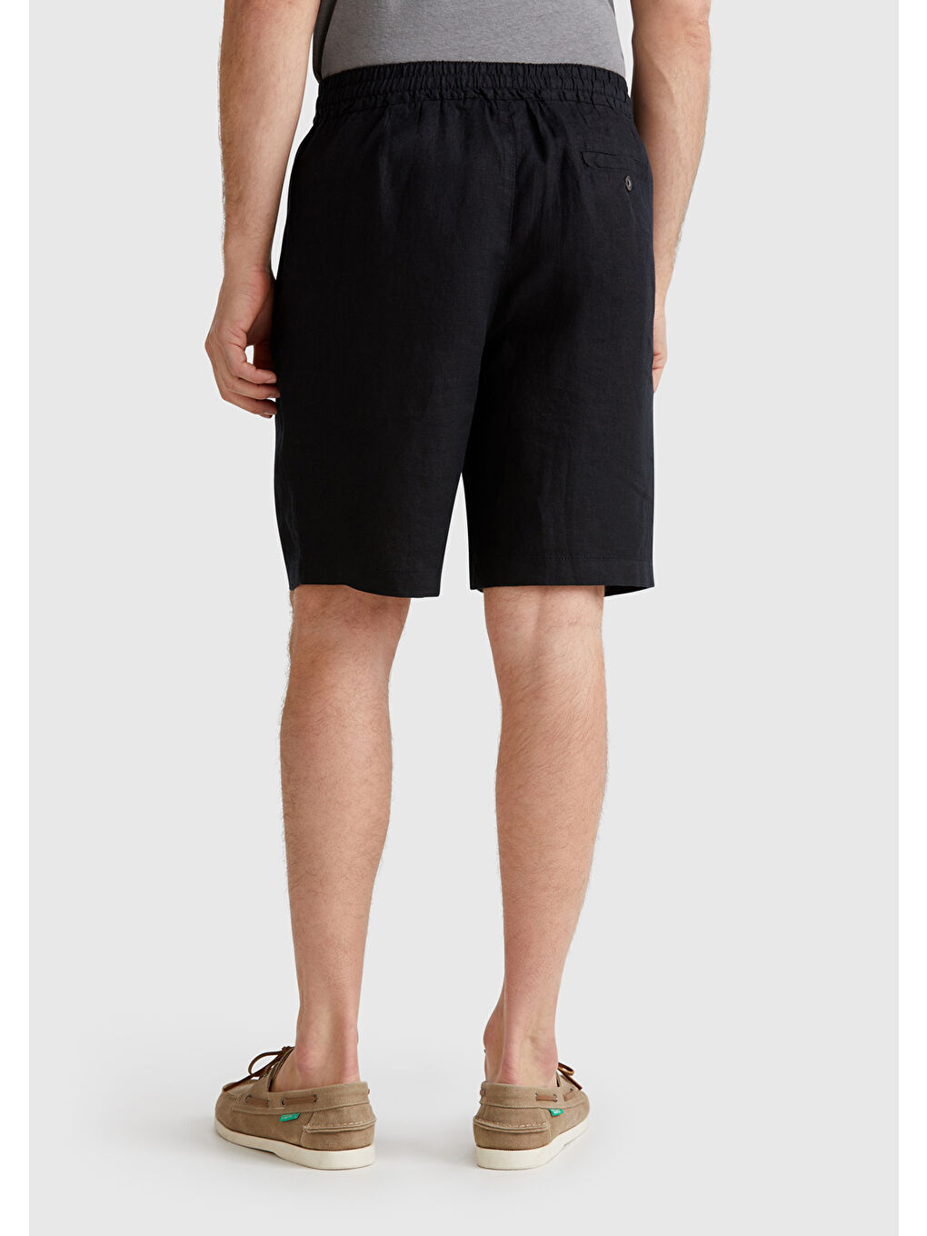 Erkek Siyah %100 Keten Büzgü İpli Düğmeli Pile Detaylı Bermuda Şort-2