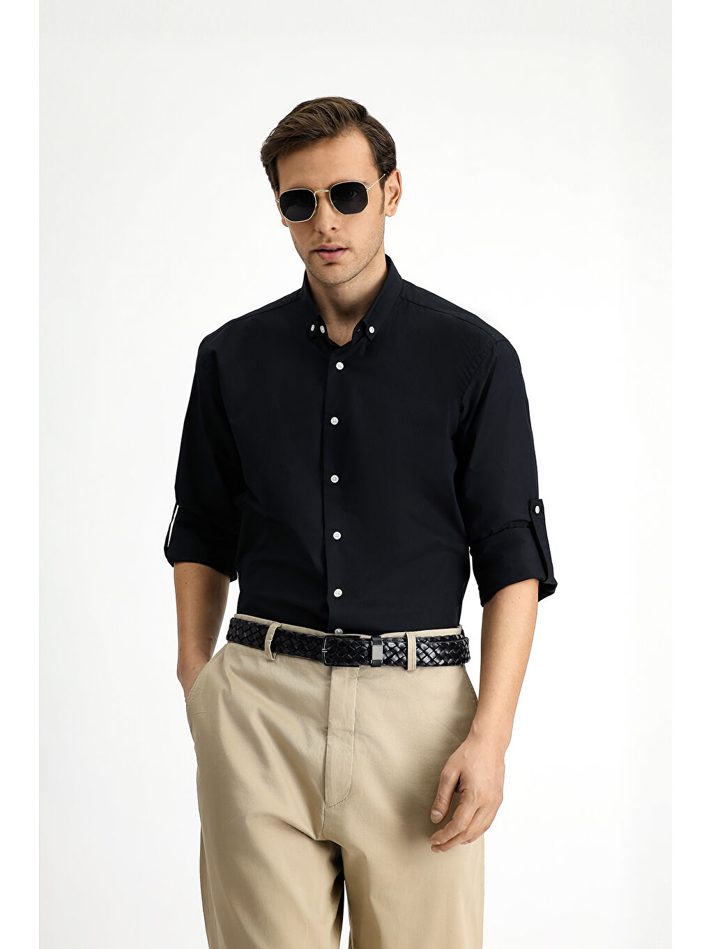 Siyah Uzun Kol Regular Fit Düğmeli Yaka Pamuk Gömlek