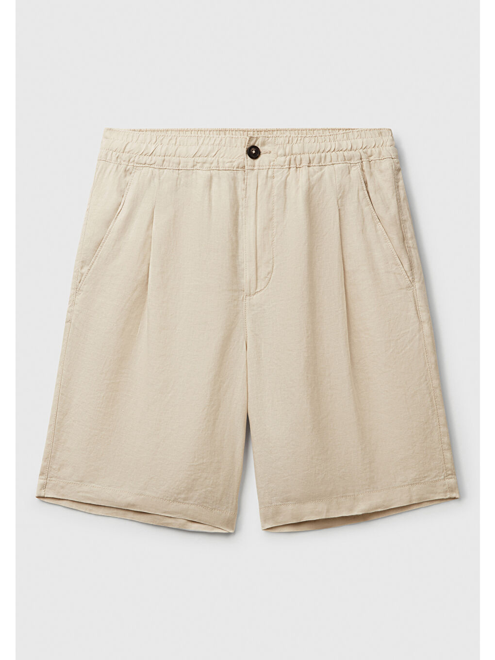 Bej Erkek Taş Rengi %100 Keten Büzgü İpli Düğmeli Pile Detaylı Bermuda Şort-1