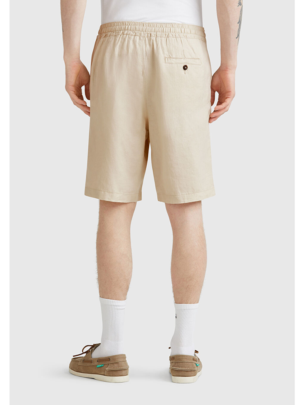 Bej Erkek Taş Rengi %100 Keten Büzgü İpli Düğmeli Pile Detaylı Bermuda Şort-2