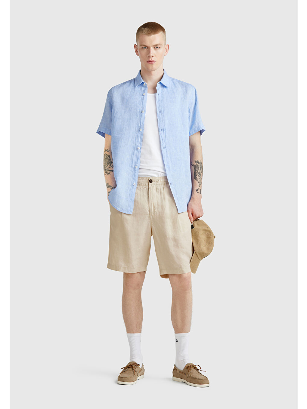 Bej Erkek Taş Rengi %100 Keten Büzgü İpli Düğmeli Pile Detaylı Bermuda Şort-4