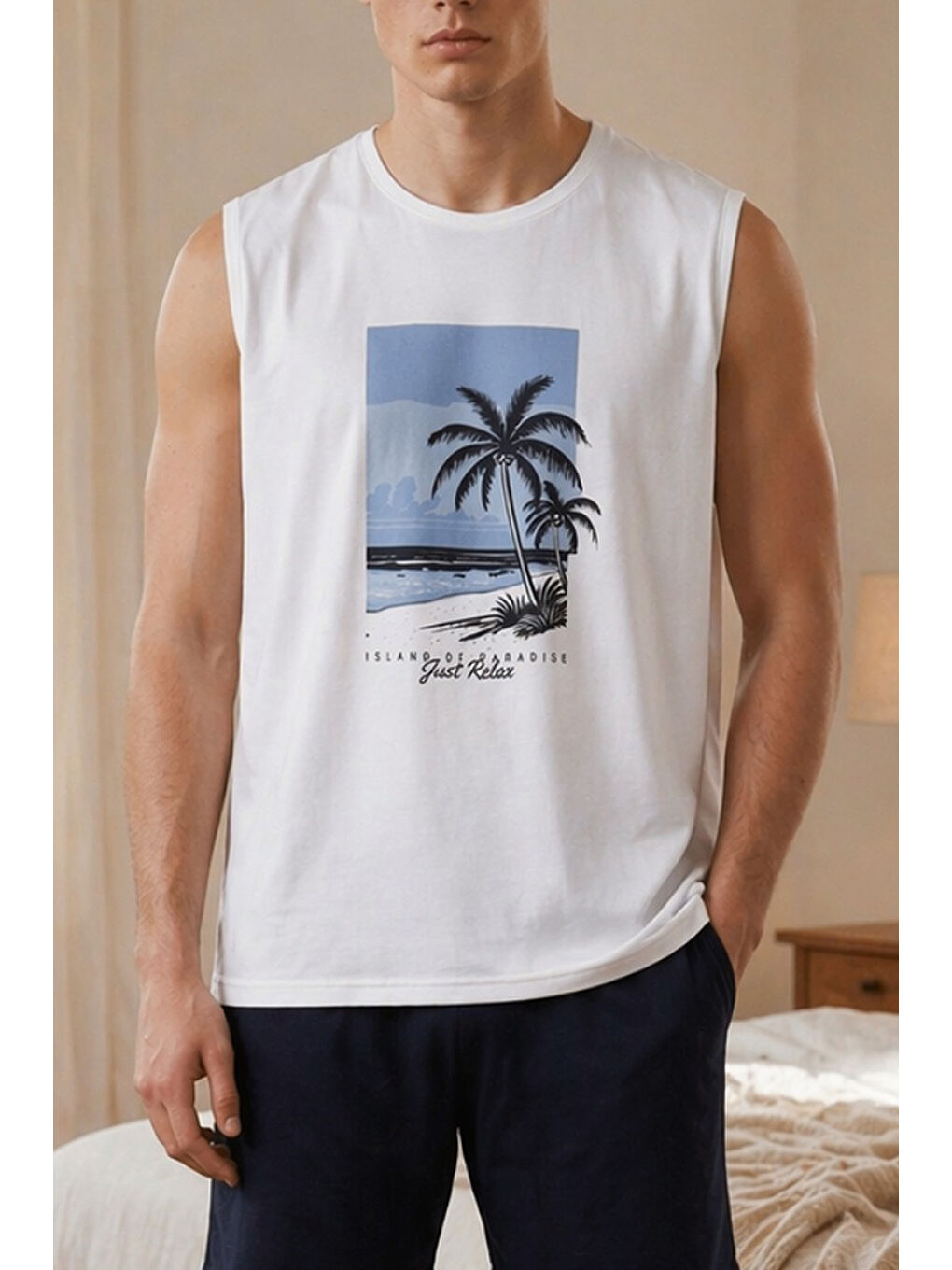 Mavi Erkek Pamuklu Sıfır Kollu Baskı Detaylı Şortlu Pijama Takımı-3