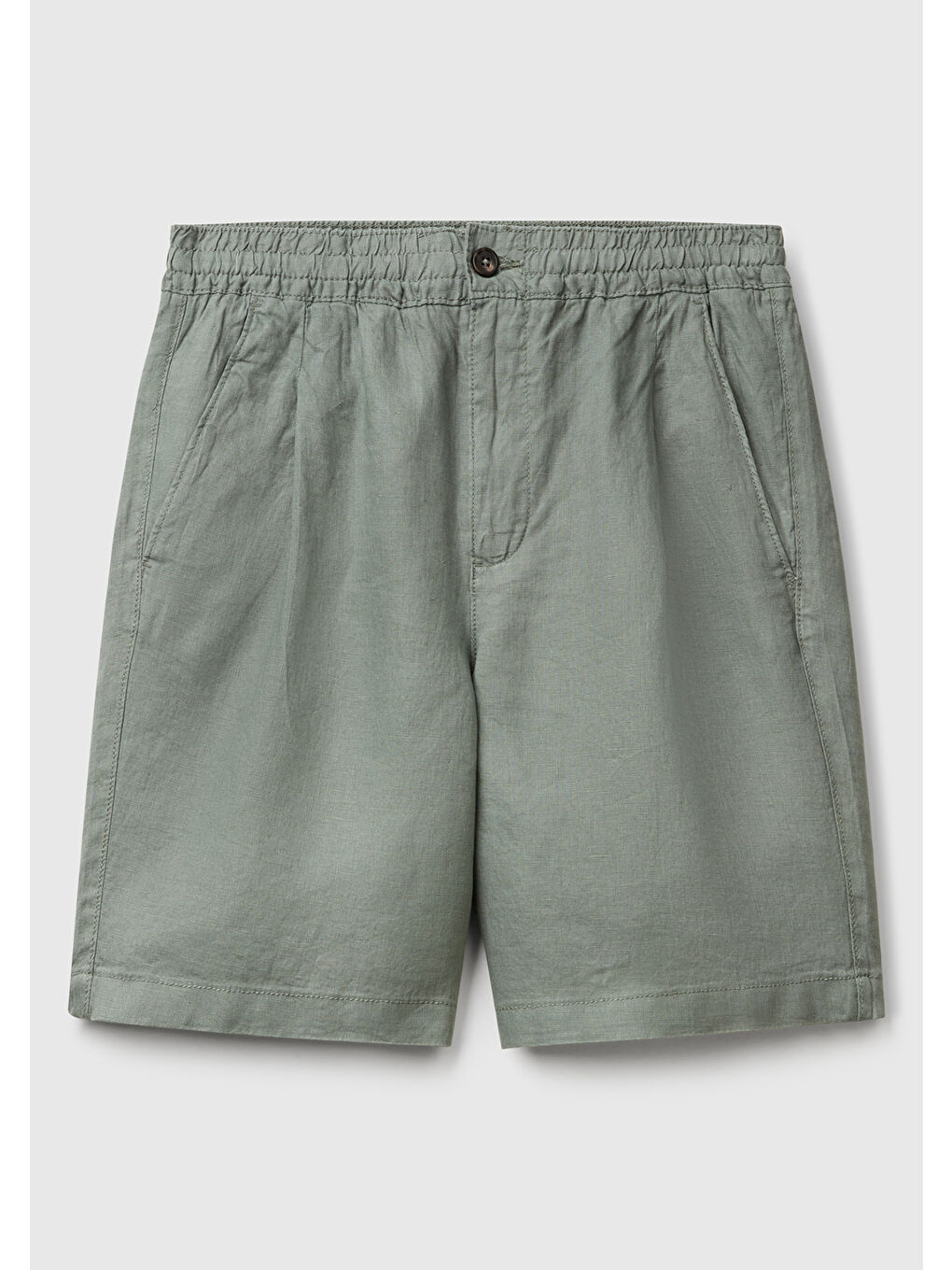 Erkek Soluk Yeşil %100 Keten Büzgü İpli Düğmeli Pile Detaylı Bermuda Şort-1