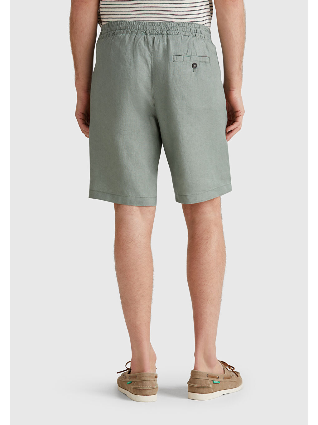 Erkek Soluk Yeşil %100 Keten Büzgü İpli Düğmeli Pile Detaylı Bermuda Şort-2