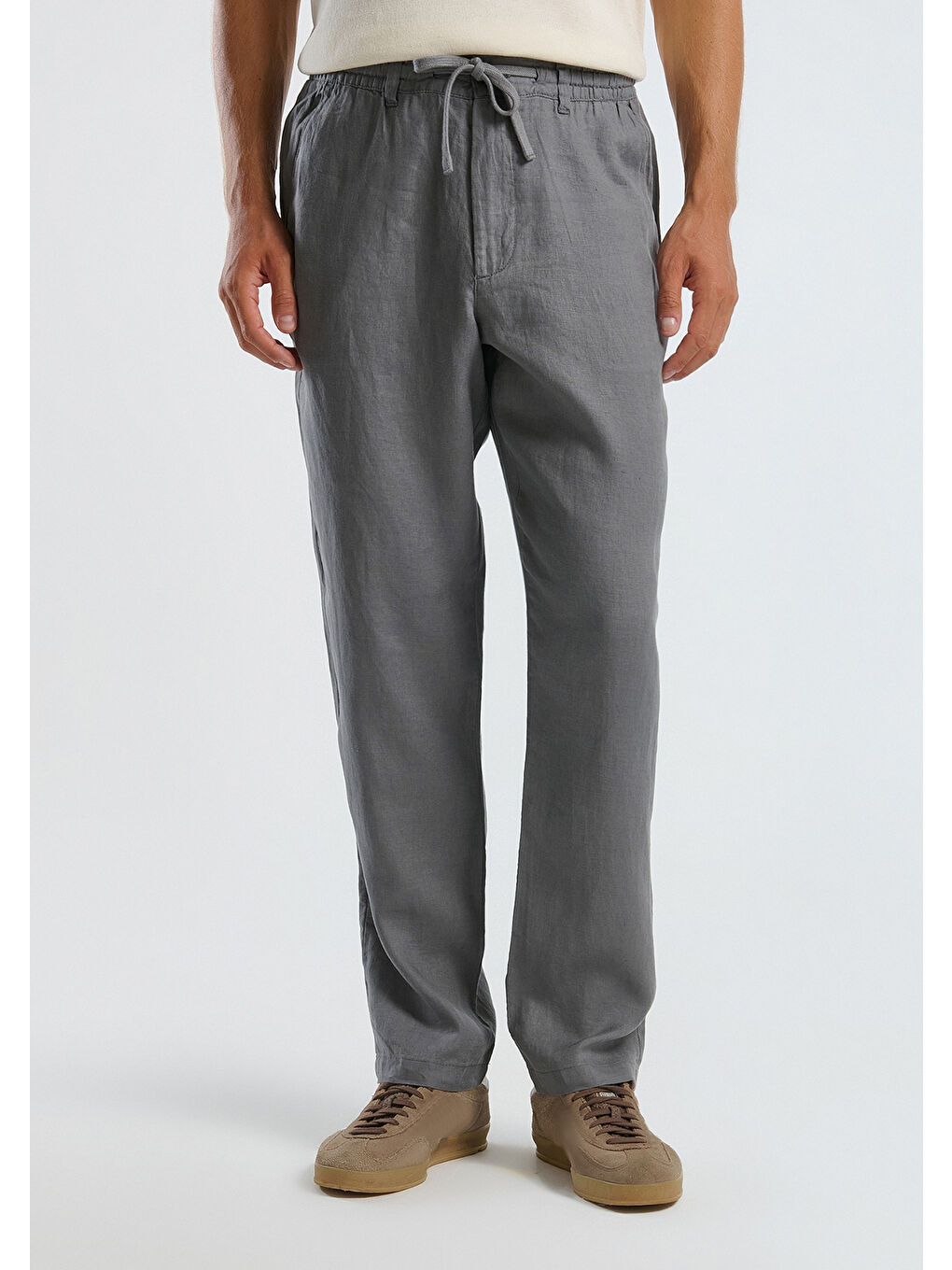 Erkek Gri %100 Keten Beli İpli Pantolon-1