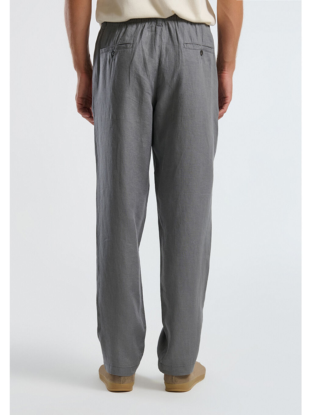 Erkek Gri %100 Keten Beli İpli Pantolon-2