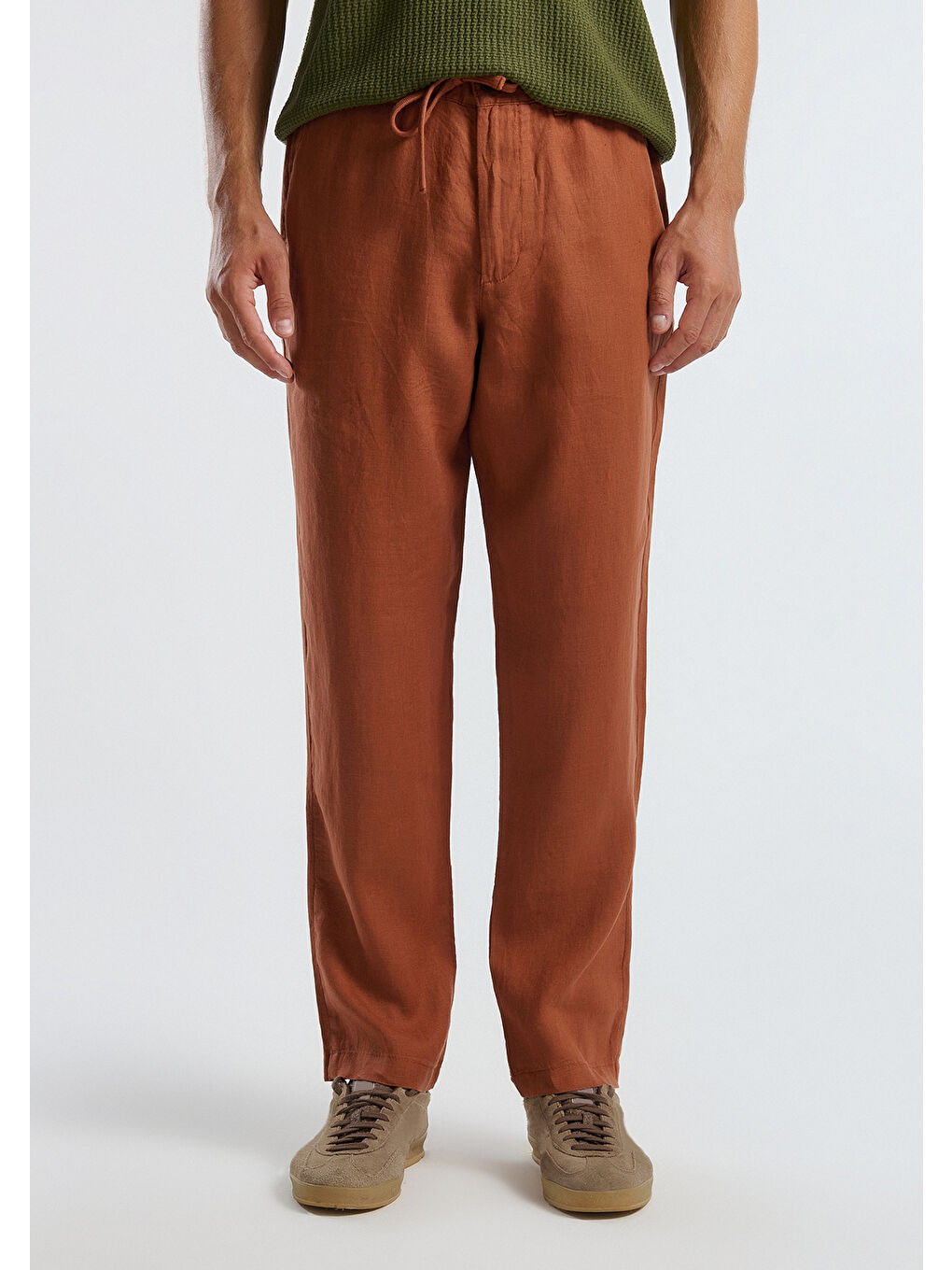 Erkek Koyu Kahverengi %100 Keten Beli İpli Pantolon-1
