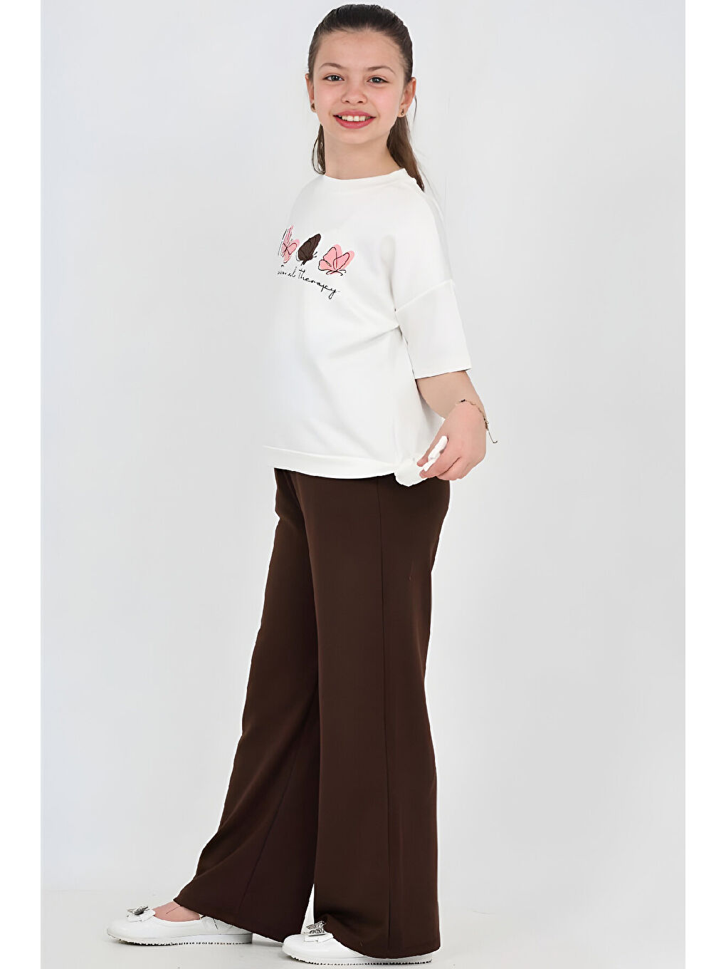 Kahverengi Kız Çocuk Yanları Bağlama Kuşaklı Alt-Üst Takım 7-12 Yaş 12644BLT-1