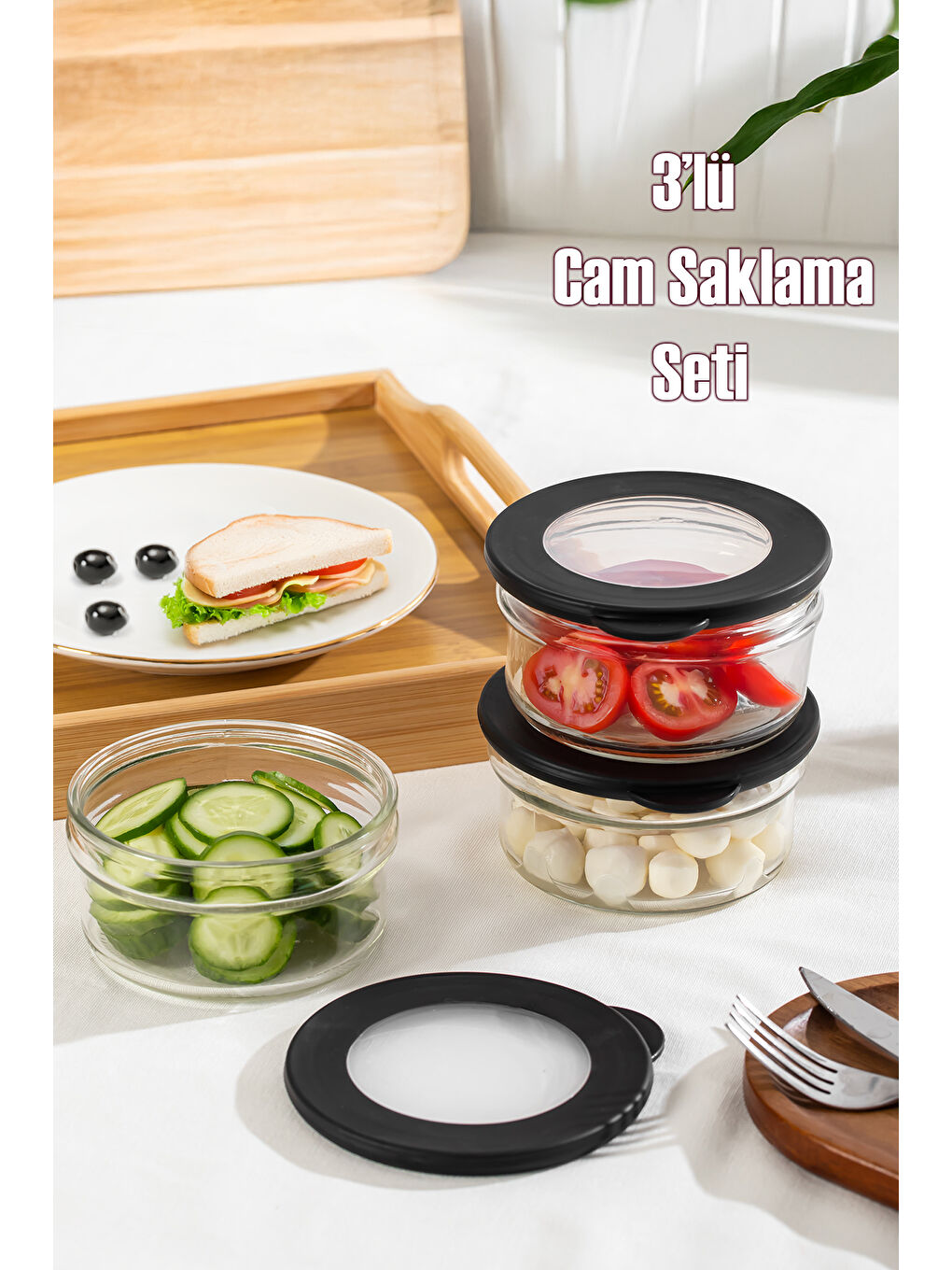 Renksiz 4380 Flat 3lü Cam Kahvaltılık Çok Amaçlı Saklama Kabı Cam Kahvaltı Seti