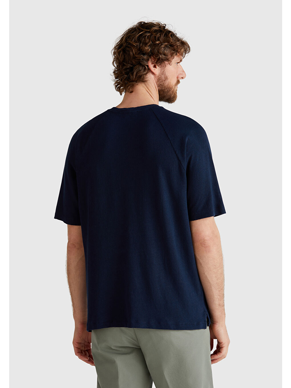 Erkek Lacivert Pamuk ve Keten Karışımlı Reglan Kol Relax Fit T-Shirt-2