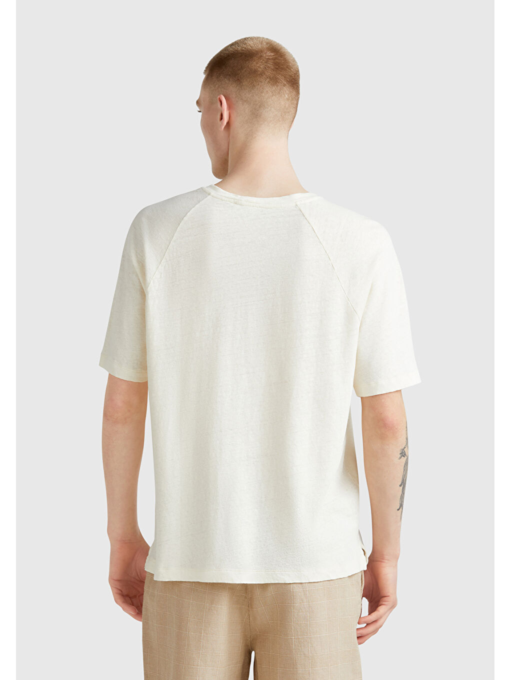 Bej Erkek Taş Rengi Pamuk ve Keten Karışımlı Reglan Kol Relax Fit Tişört-2