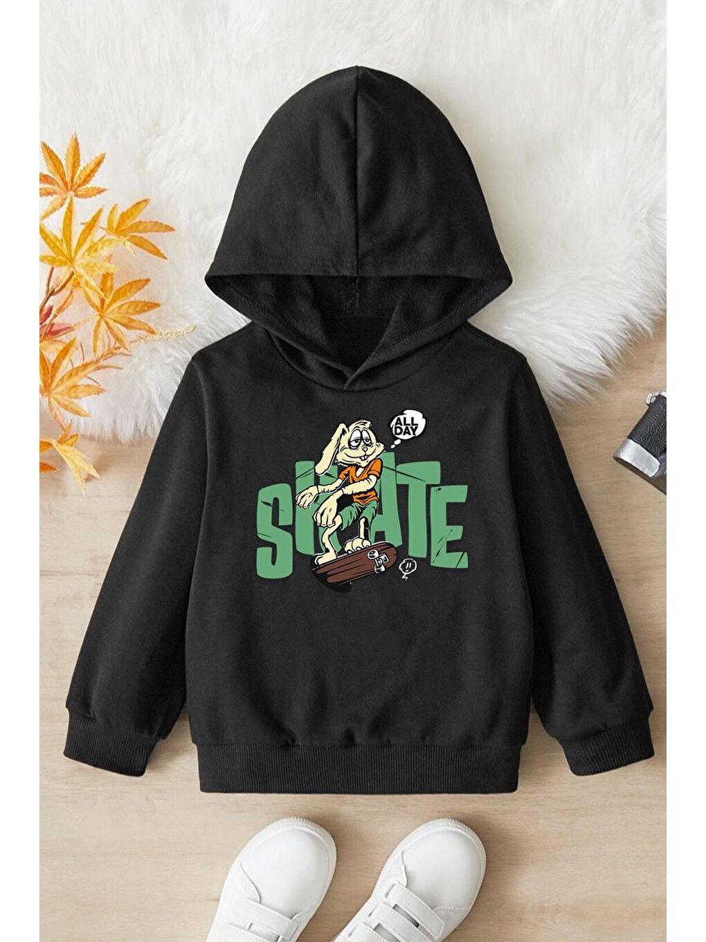 uyguntarz Siyah Çocuk All Day Rabbit Baskılı Sweatshirt