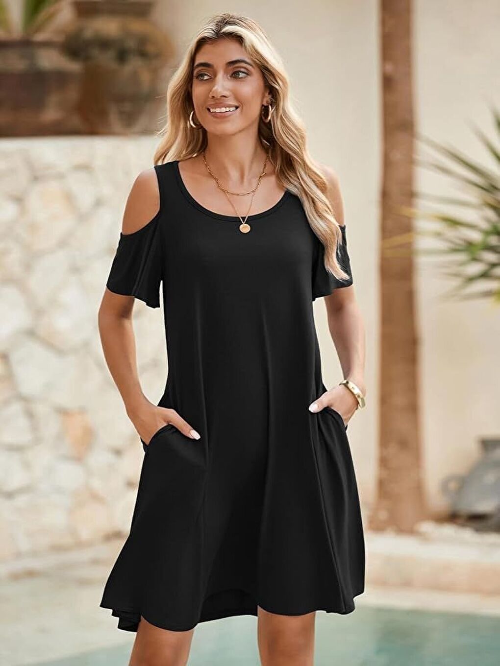 Siyah Kadın Kısa Kollu Omuz Pencere Detay Kiloş Viskon Elbise-4