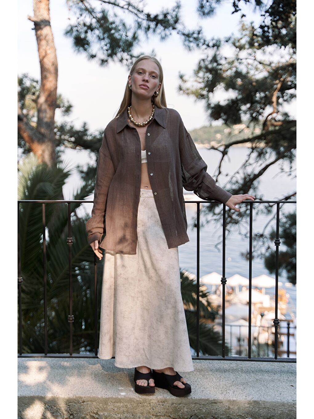 Kahverengi Calynn Sırt Dekolteli Çizgili Kahve Keten Gömlek-4