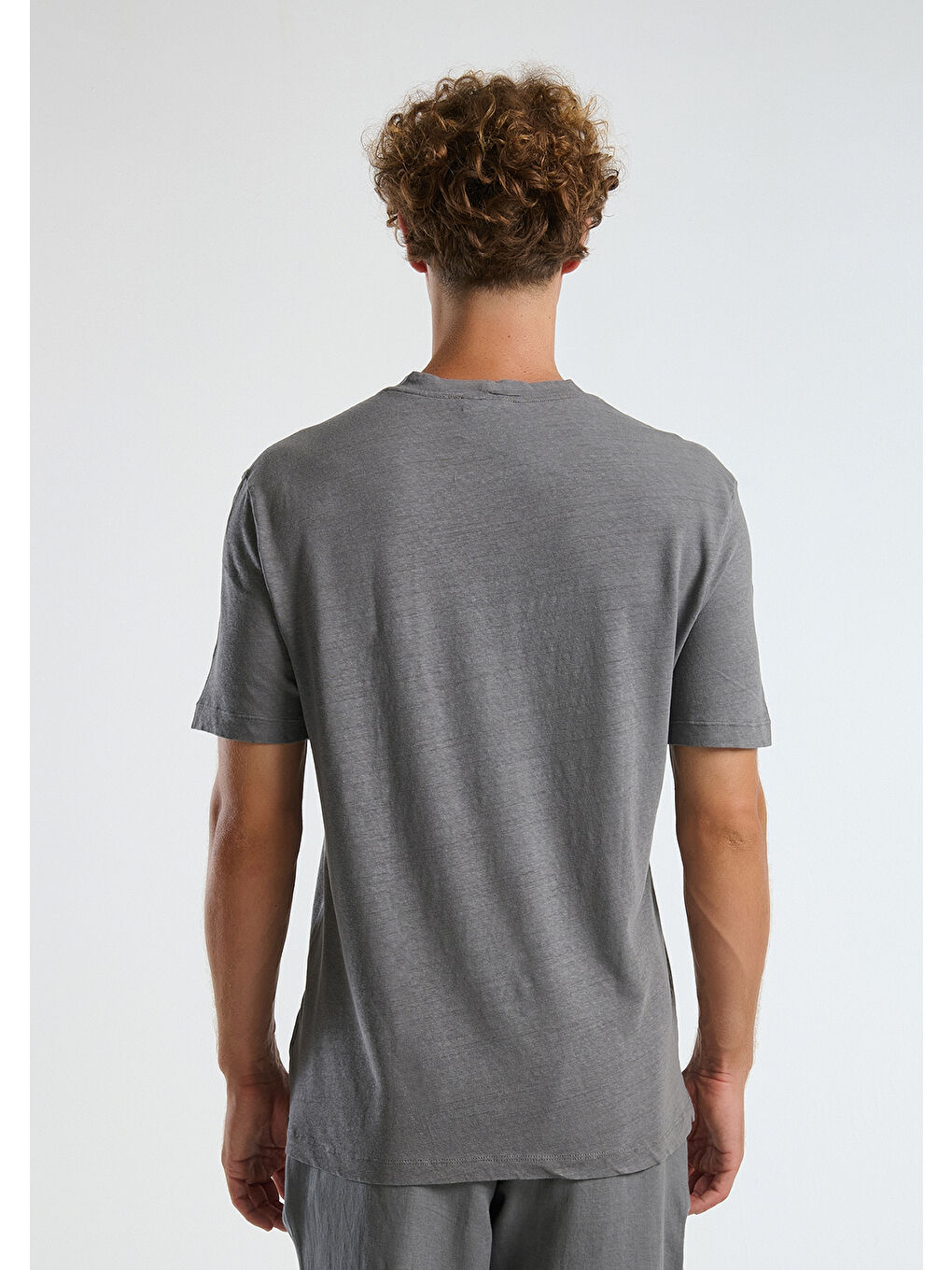 Erkek Gri Keten Karışımlı Regular Fit T-Shirt-1