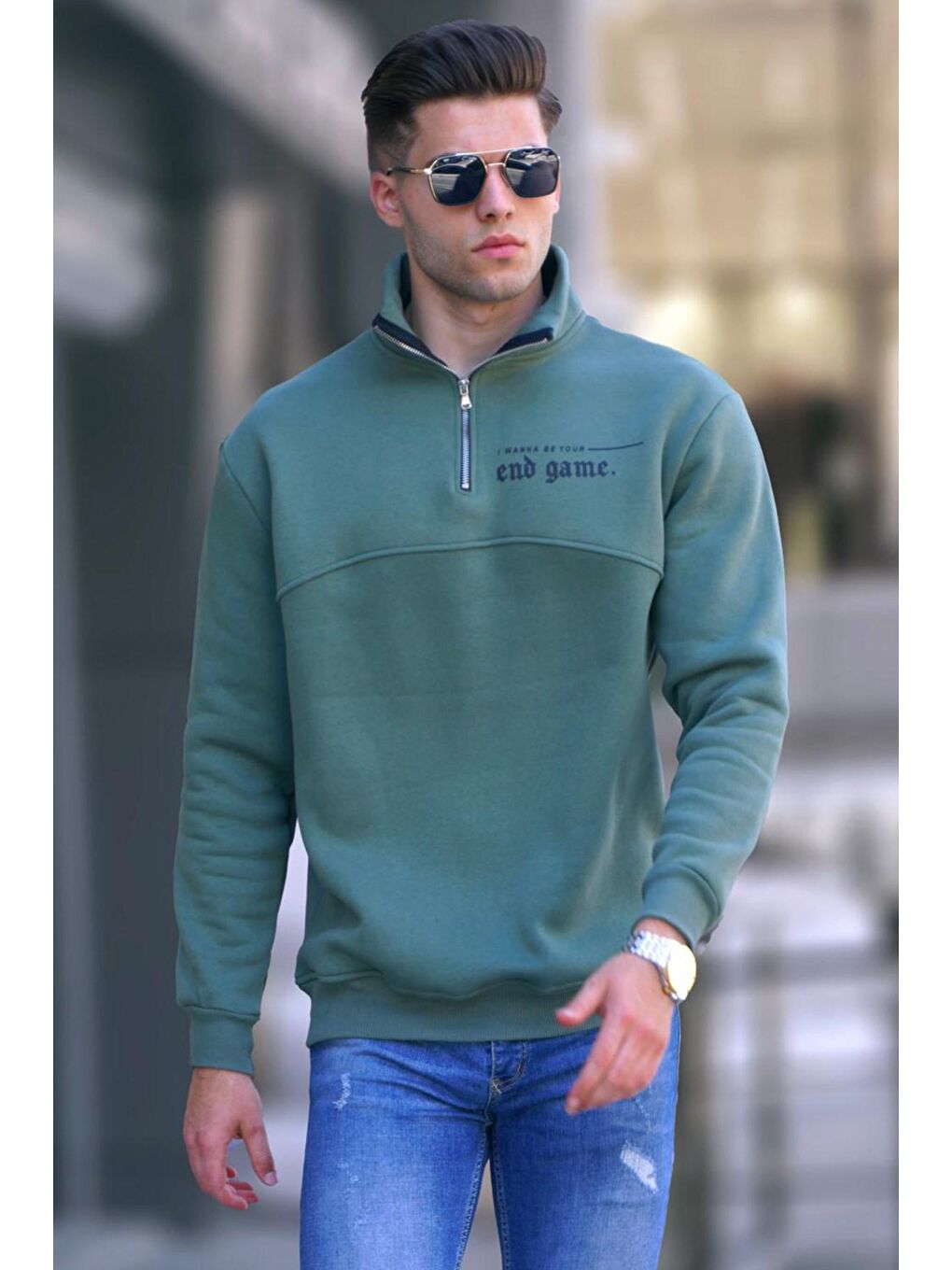 Haki Yeşil Baskılı Fermuarlı Sweatshirt 6001