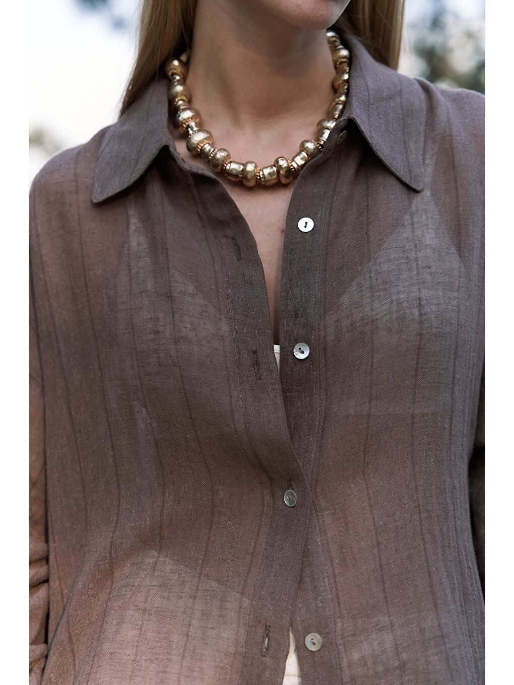 Kahverengi Calynn Sırt Dekolteli Çizgili Kahve Keten Gömlek-6