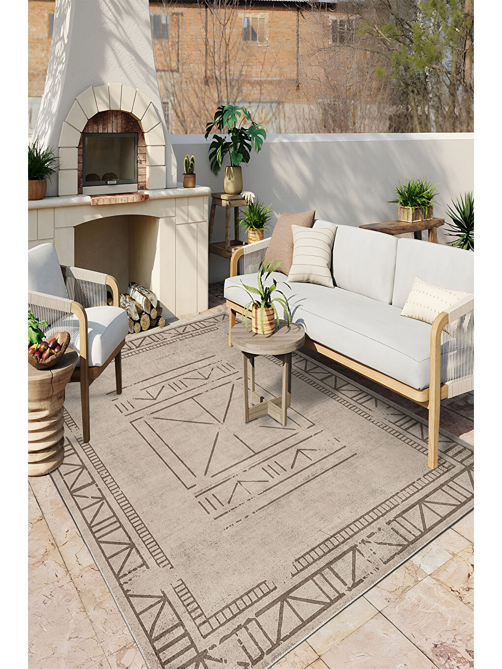 Bej Dekoratif Salon Halısı, Makinada Yıkanabilir, Kaymaz Taban, İnce & Modern Tasarım-3