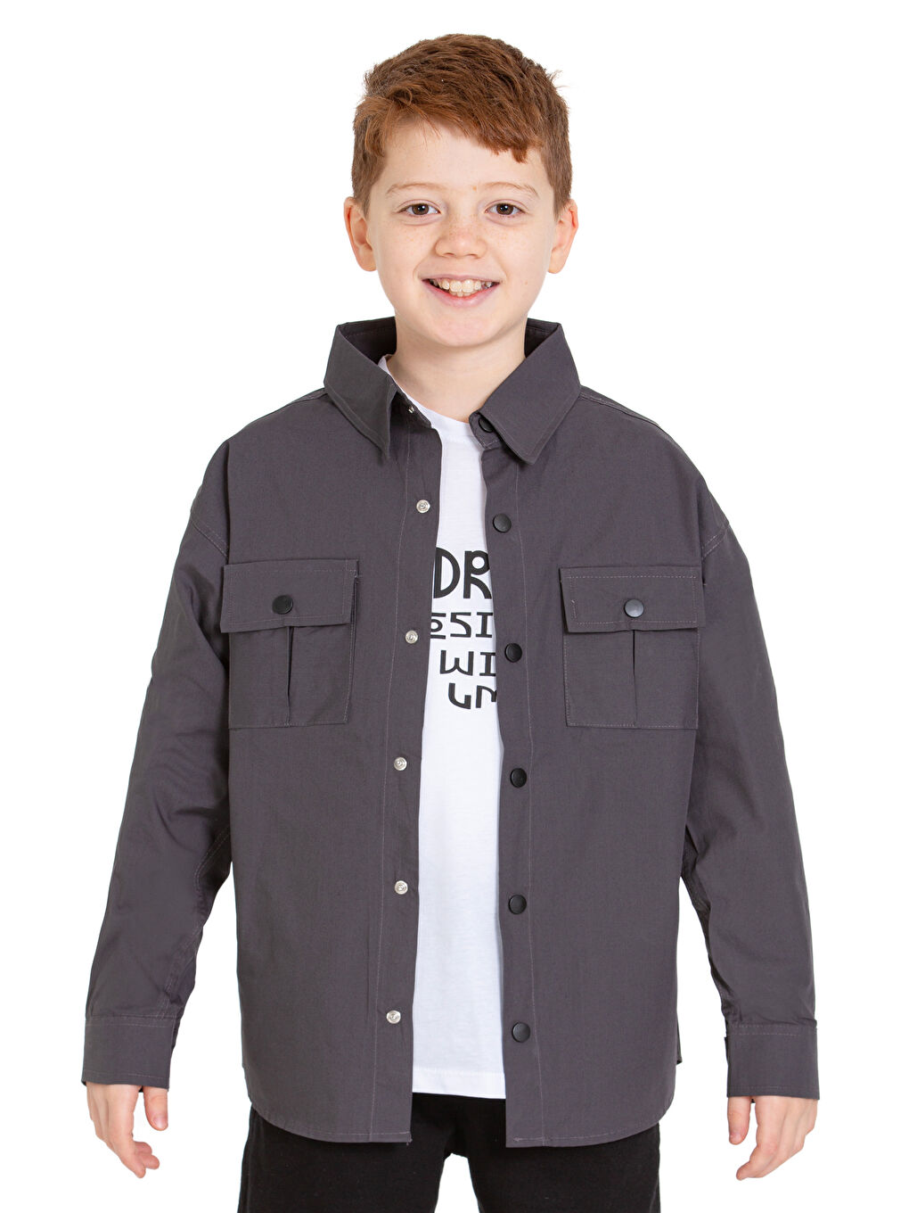 Gri Erkek Çocuk 2'li Takım (%100 Poplin Pamuk Gömlek+Tişört) P1029-1