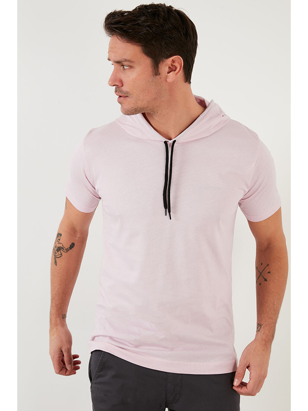 Pembe 100 Pamuklu Kapüşonlu Slim Fit Erkek Tişört 5412021-3