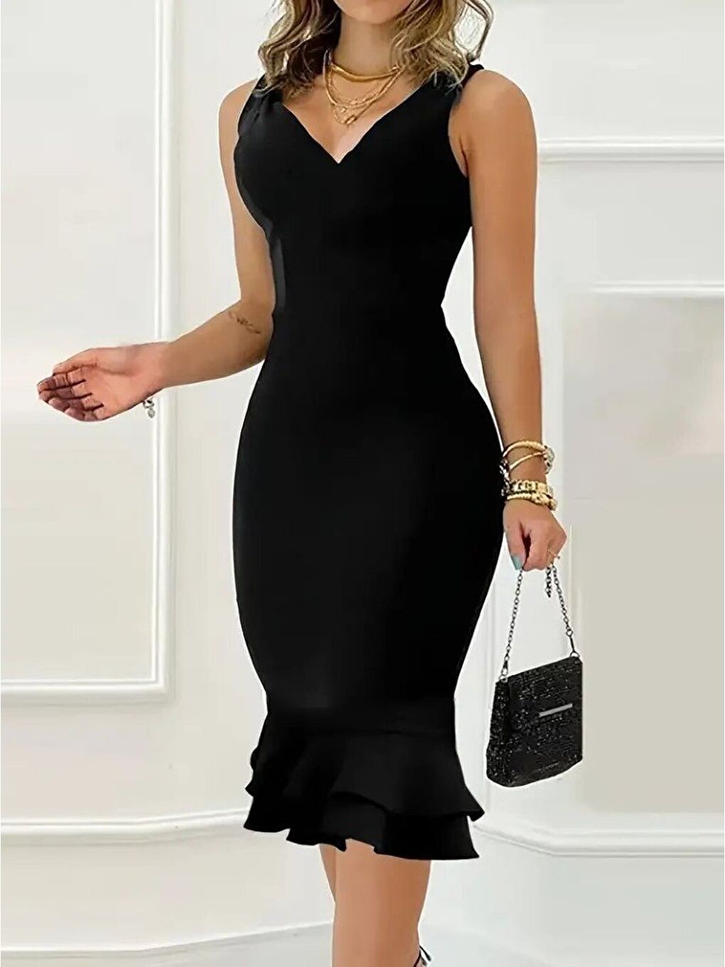 Siyah Kadın Askılı V Yaka Arkadan Fermuarlı Dalgıç Elbise-1