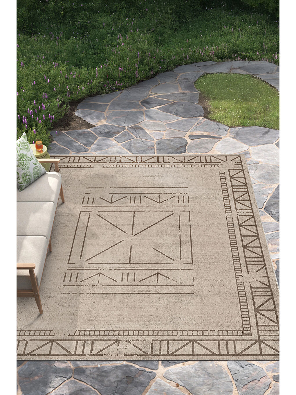 Bej Dekoratif Salon Halısı, Makinada Yıkanabilir, Kaymaz Taban, İnce & Modern Tasarım-4