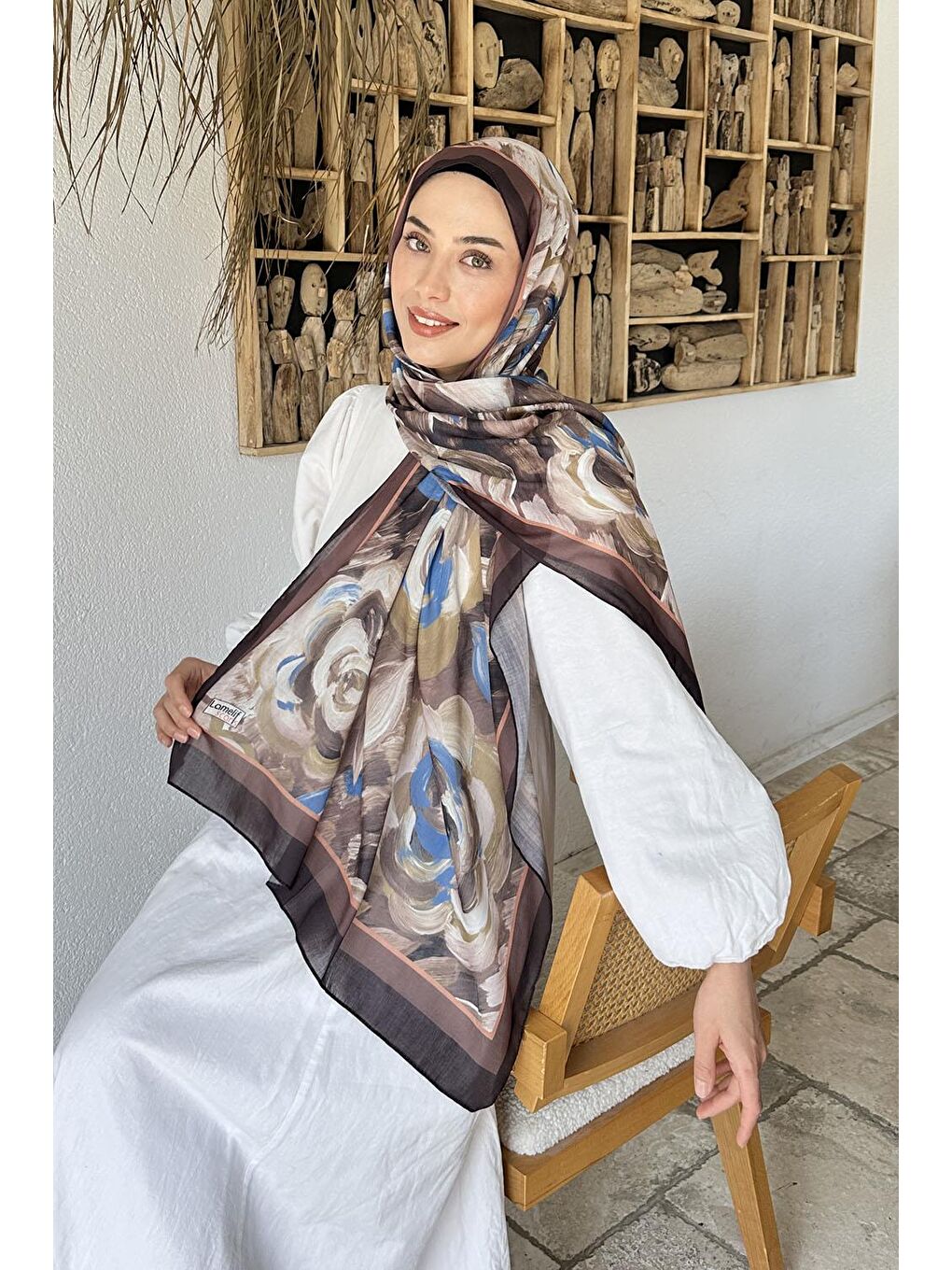 Kahverengi Çiçek Desen Pamuk Şal Soft Kahve-1