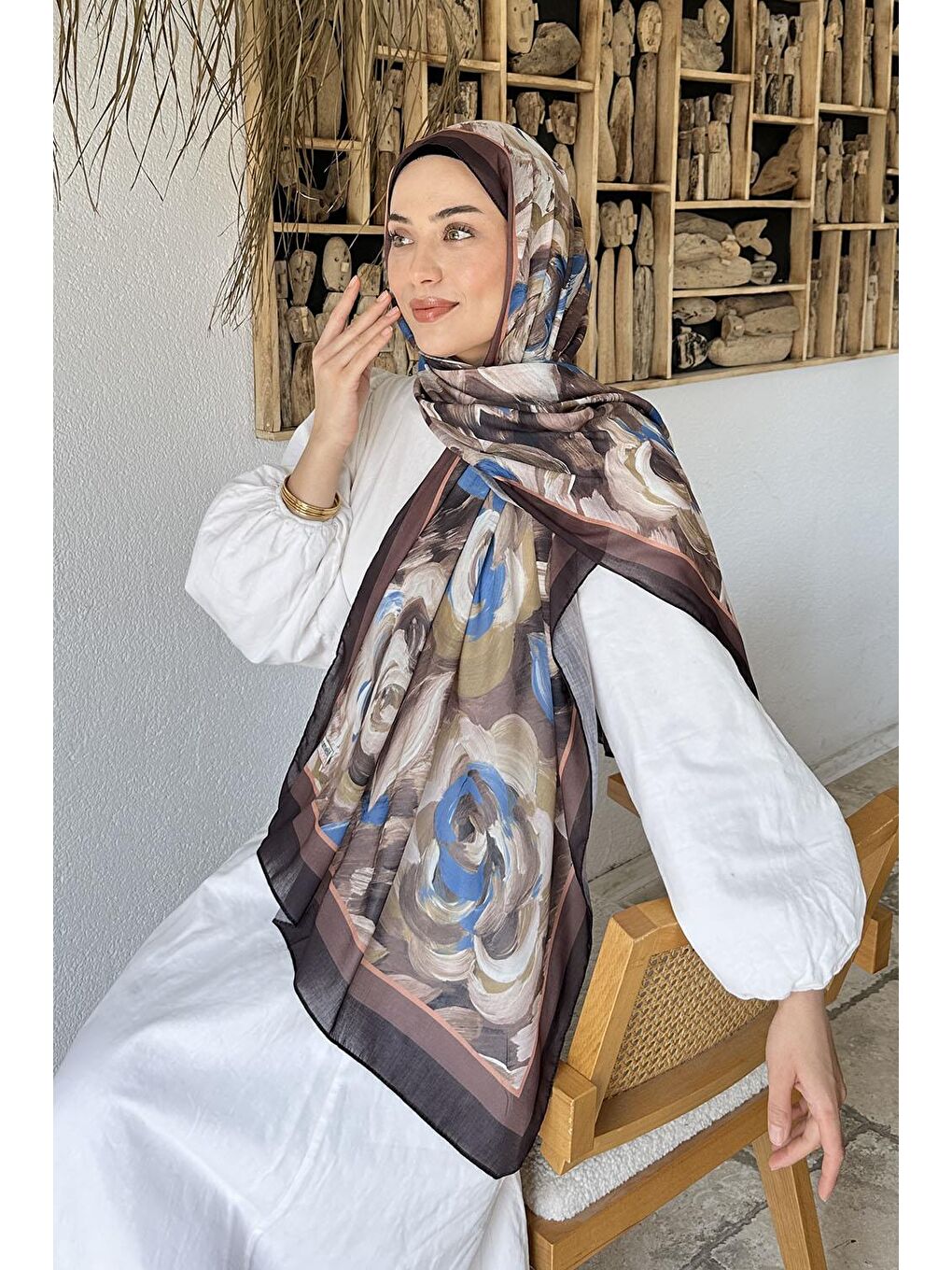 Kahverengi Çiçek Desen Pamuk Şal Soft Kahve-2