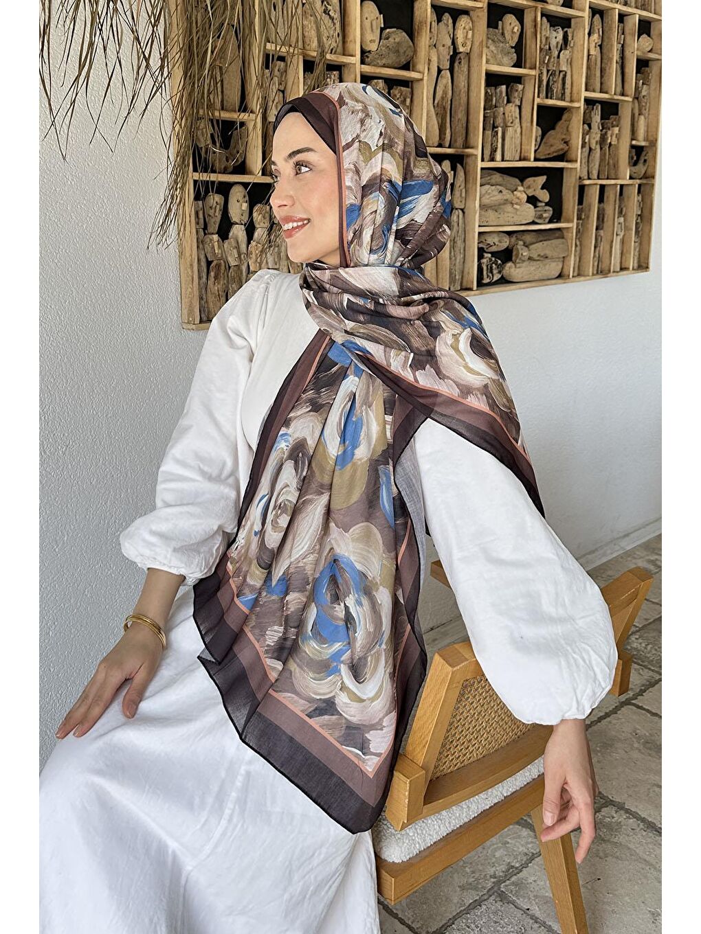 Kahverengi Çiçek Desen Pamuk Şal Soft Kahve-3