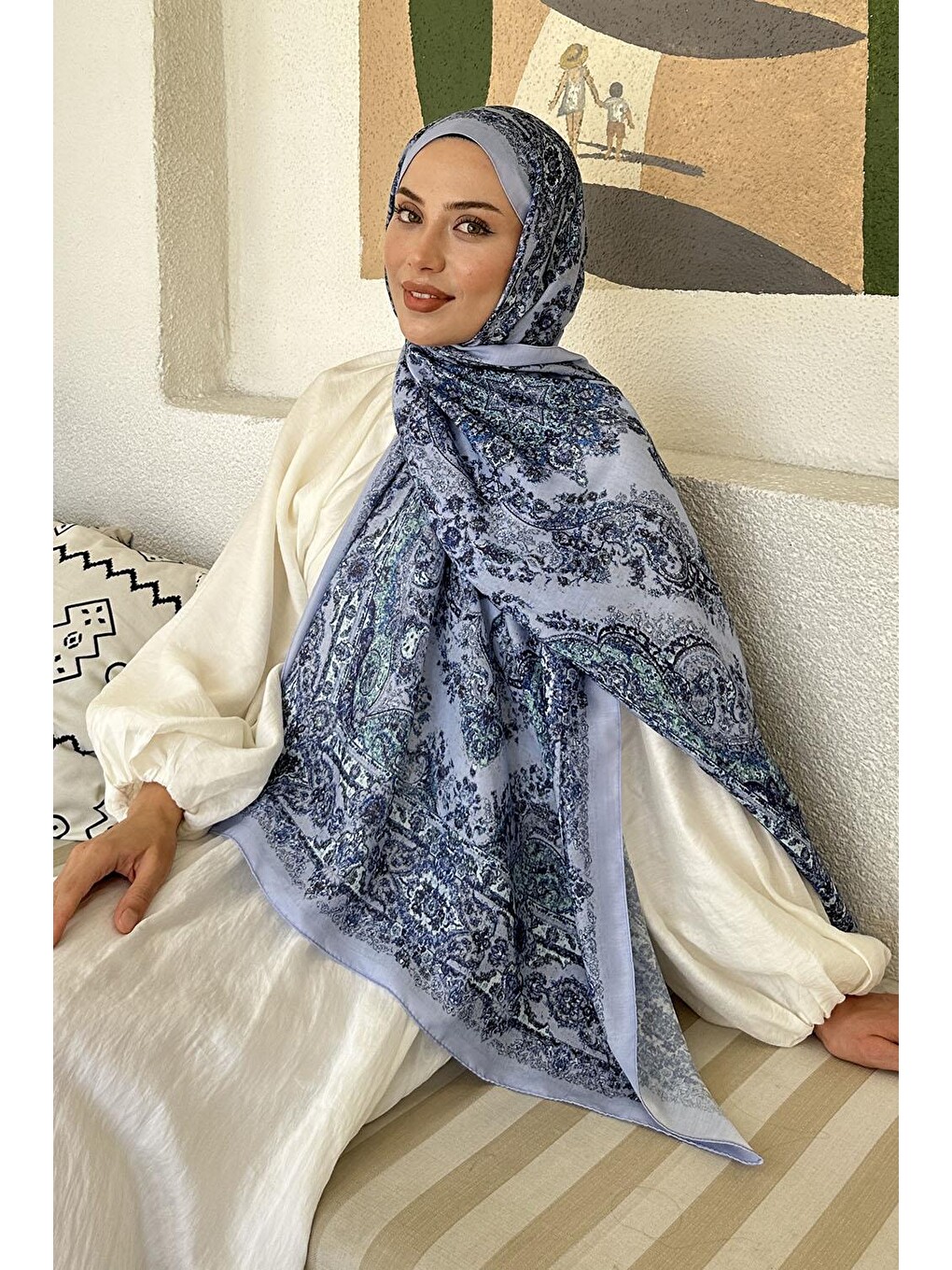 Retro Desen Soft Şal Bebe Mavisi
